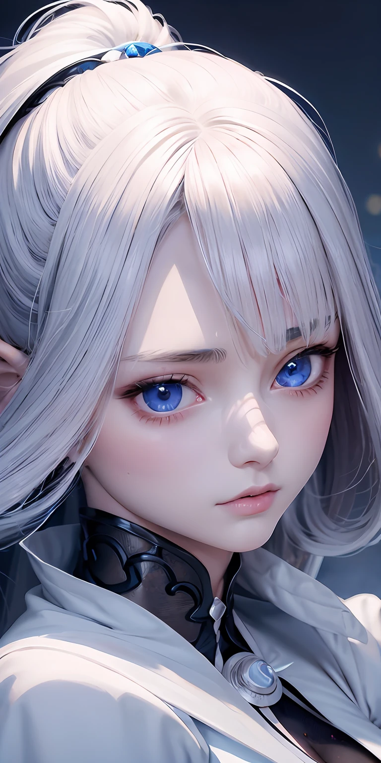 anime styled、One Person18Beautiful woman of age、Moisturized eyes、ciri、a picture、androgynous hunnuman、oval jaw、Delicate features、Beautiful expression、The hair、Long bangs、long pony tail、Blue eyes with a beautiful glow、LDS Art