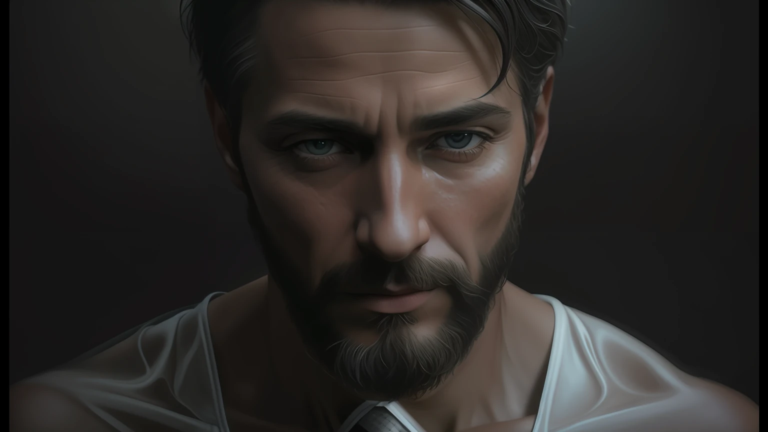 There's a man with a teary face without a tie, photorealistic fan art, Arte Digital 4K Realista, Arte Digital 4K Realista, Estilo de arte realista, arte conceitual emocional, Estilo de pintura super realista, Cinematic realistic portrait, arte conceitual hiperrealista, arte conceitual ultra realista, arte conceitual escura fotorrealista, Estilo de arte realista, inspirado em Clint Cearley