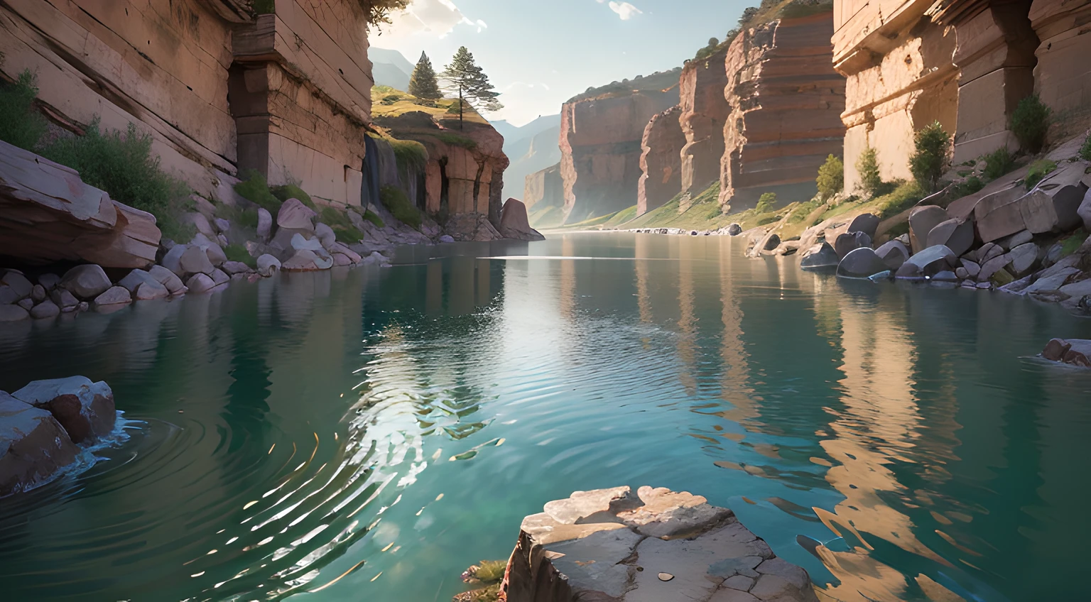 Still and clear stream, forming a large pool in a deep canyon, realistic photography, 8K, UHD