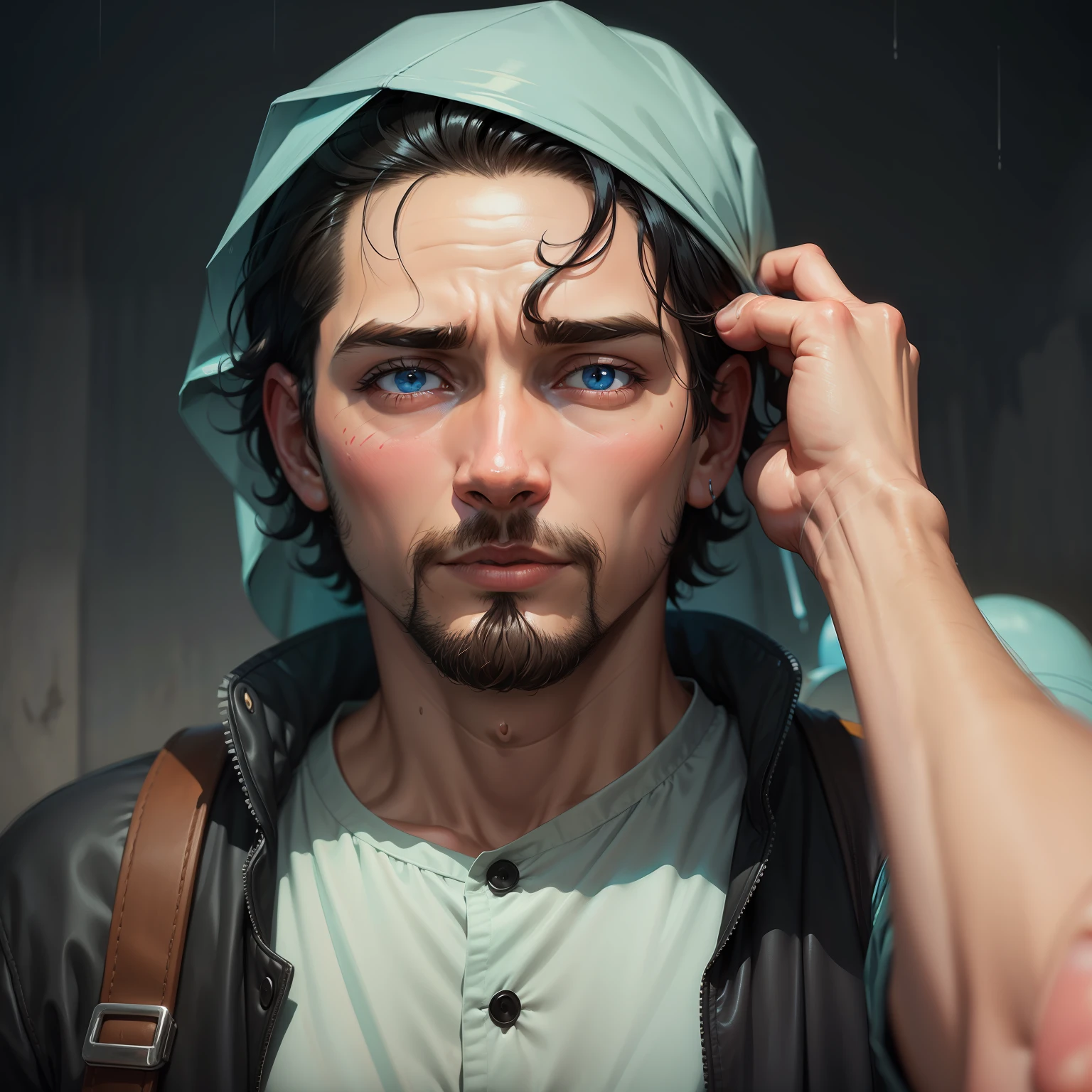 homem, olhos fechados, up head, por atey ghailan, chuva forte, mal-humorado, gotas de chuva, molhado,