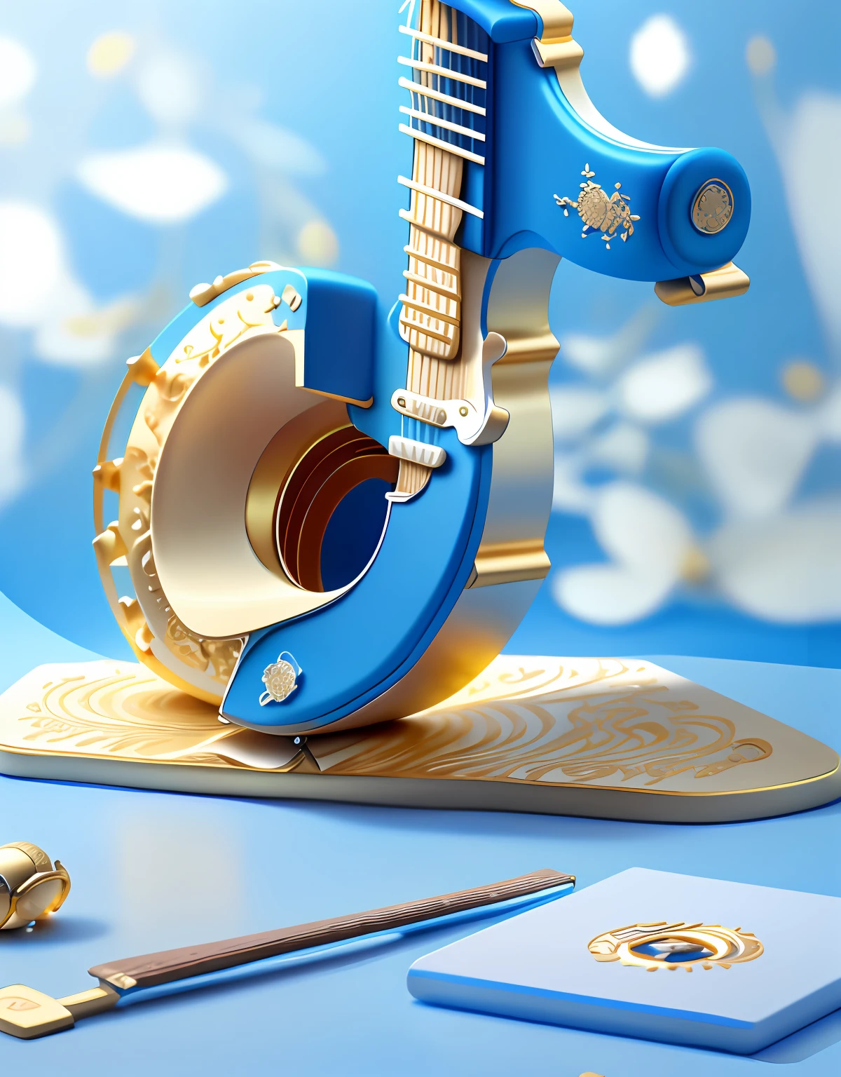kosmos,blue white colors,blue backdrop,starrysky:2,Golden curves,TikTok symbols(Internal guitar,microphones,Kim Violin,Golden magnolia flowers:2,Golden Bamboo),Gold plastic armor,Funeral style,Xianxia TV series