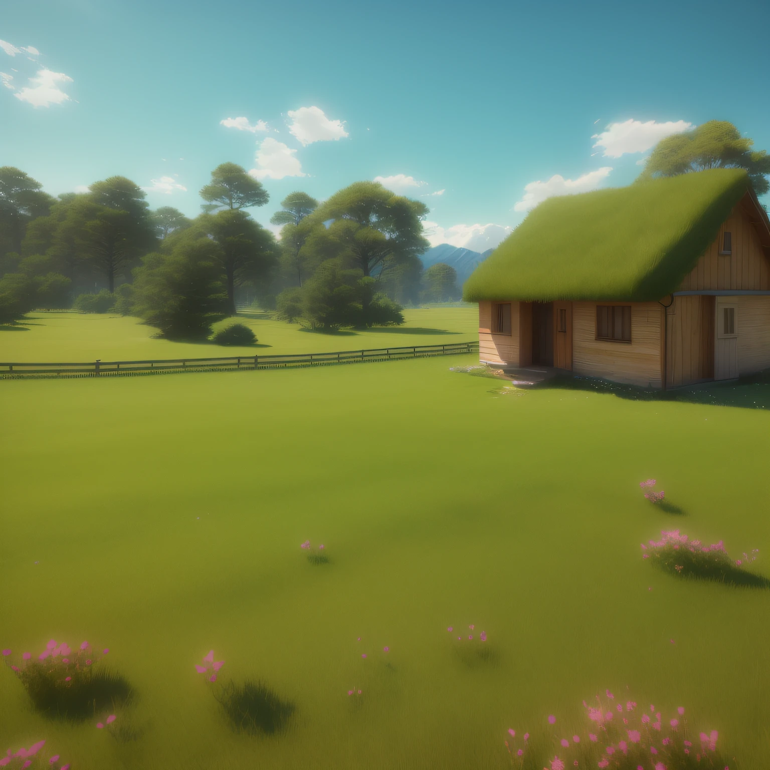 There is a small house in the field,Green roof, anime countryside landscape, stylized 3d render, 3 d stylize scene, stylized as a 3d render, rendered in unity 3 d, 3 d render stylized, animation style render, daylight made in blender, High mountains in the distance,High mountains under white clouds,rendered in unreal engine 3d, realistic establishing shot, rendered in maya