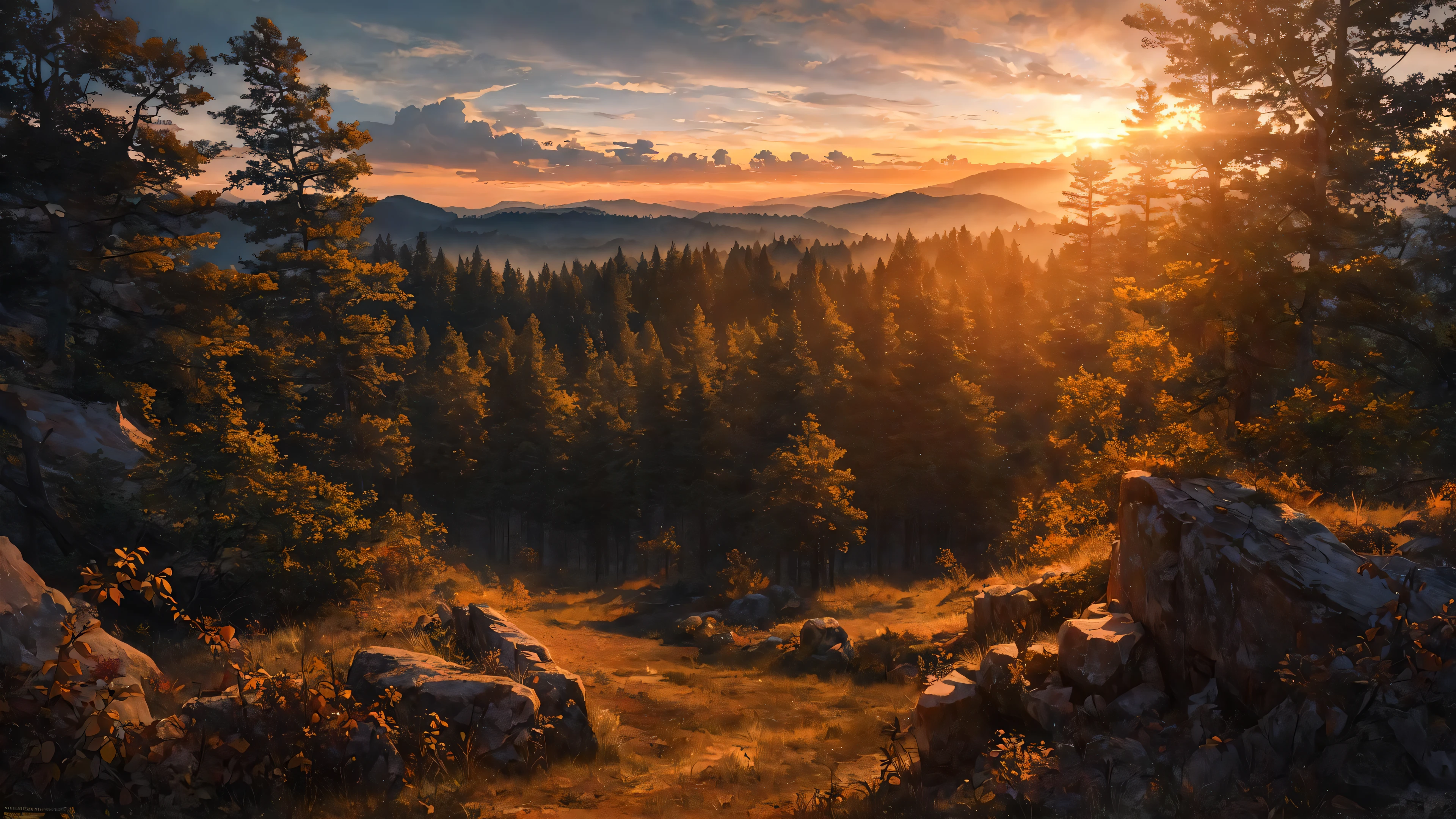 (masterpiece, best quality:1.2), ultra detailed, cinematic lighting, HDR, ilustration, sunrise, forest, impressive, chill, inspirational,