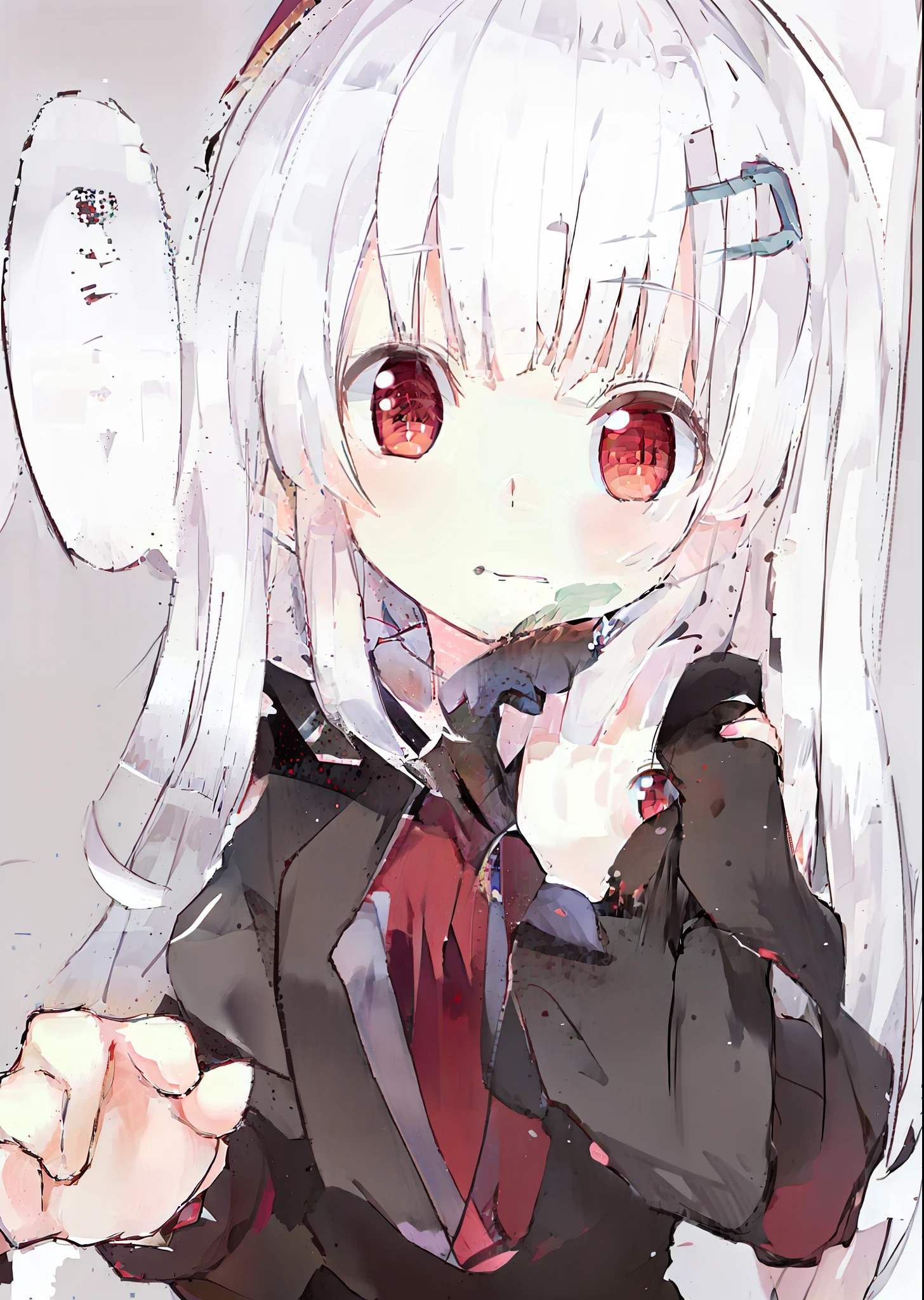 Anime girl with white hair and red eyes holding bag, anime visual of a cute girl, with index finger, white haired Cangcang, White-haired, white-haired god, small curvaceous loli, small loli girl, Cute anime girl, anime moe art style, Perfect white haired girl, she has a cute expressive face, extremely cute anime girl face, with red glowing eyes