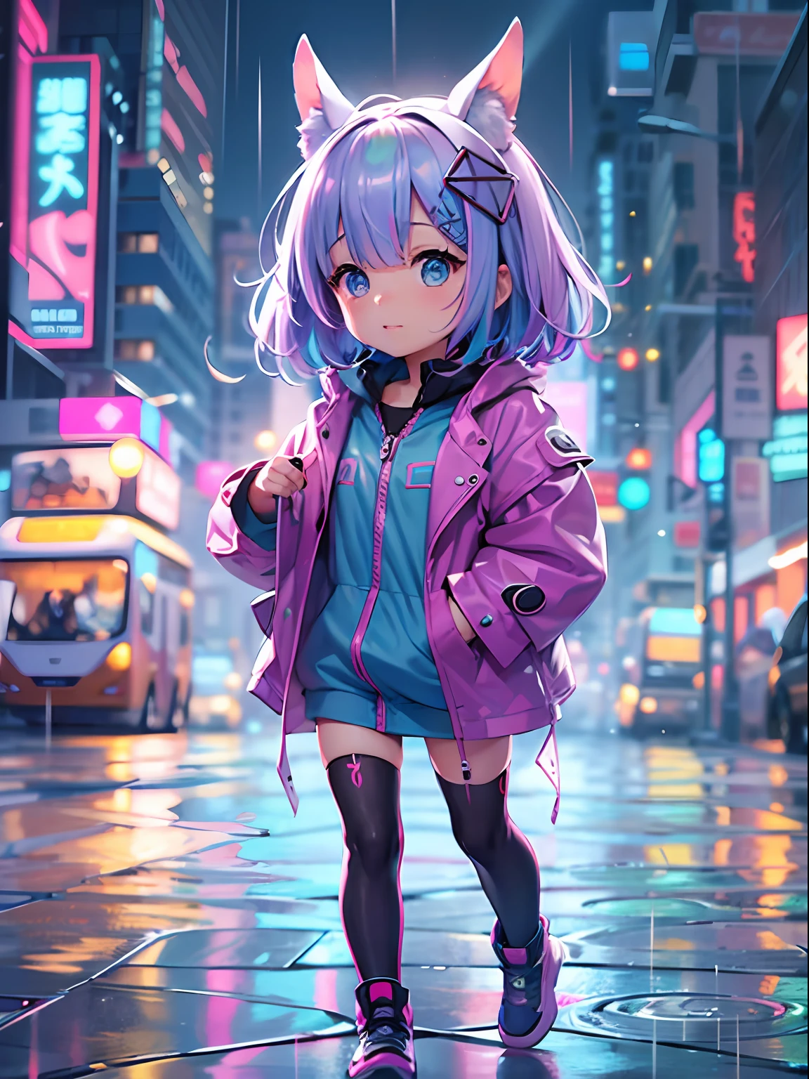 Super cute Q version girl Rem standing in the rain in a raincoat, illustration iridescent, magically glowing, shiny colorful, holograph, By Yuumei, Anime art wallpaper 8 K, Guviz-style artwork, Anime art wallpaper 4k, Anime art wallpaper 4 K, Beautiful anime artwork, Digital anime art, Guviz,(full bodyesbian:1.2)
