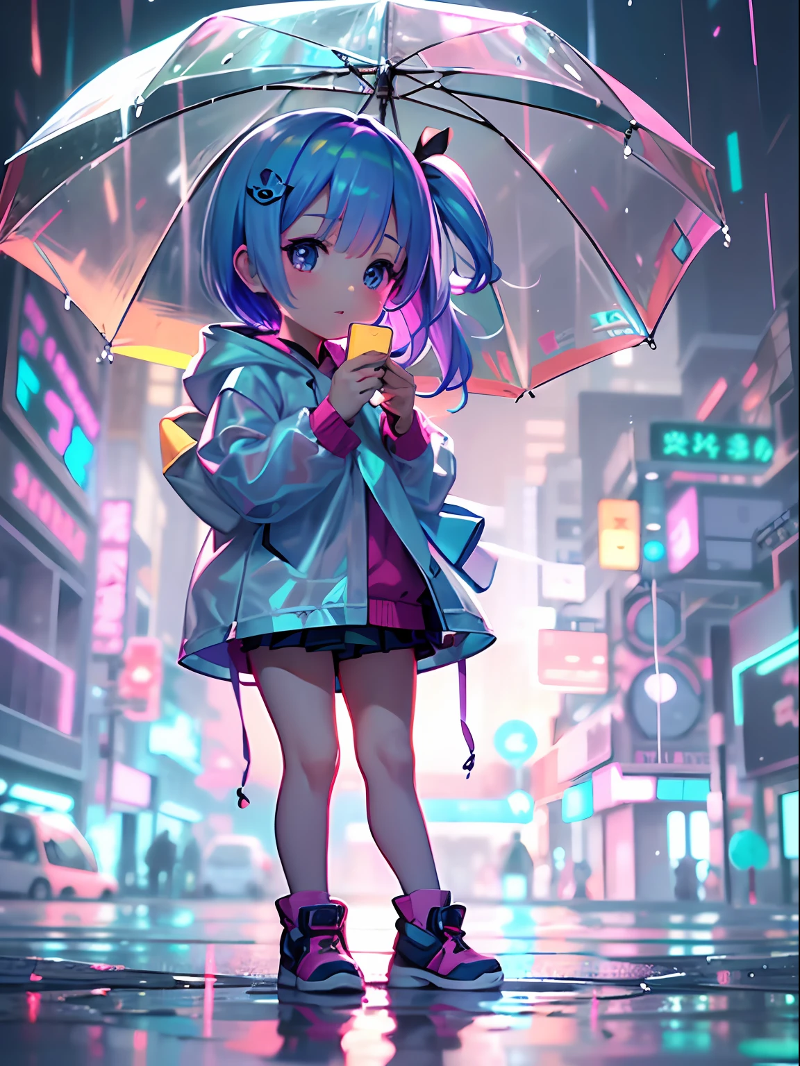 Super cute Q version baby girl Rem standing in the rain in a raincoat, illustration iridescent, magically glowing, shiny colorful, holograph, By Yuumei, Anime art wallpaper 8 K, Guviz-style artwork, Anime art wallpaper 4k, Anime art wallpaper 4 K, Beautiful anime artwork, Digital anime art, Guviz,(full bodyesbian:1.2)