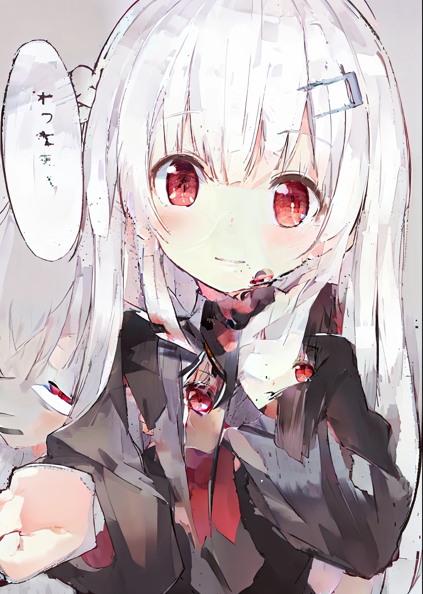 Anime girl with white hair and red eyes holding bag, anime visual of a cute girl, with index finger, white haired Cangcang, White-haired, white-haired god, small curvaceous , small lolil, Cute anime girl, anime moe art style, Perfect white haired girl, she has a cute expressive face, extremely cute anime girl face, with red glowing eyes