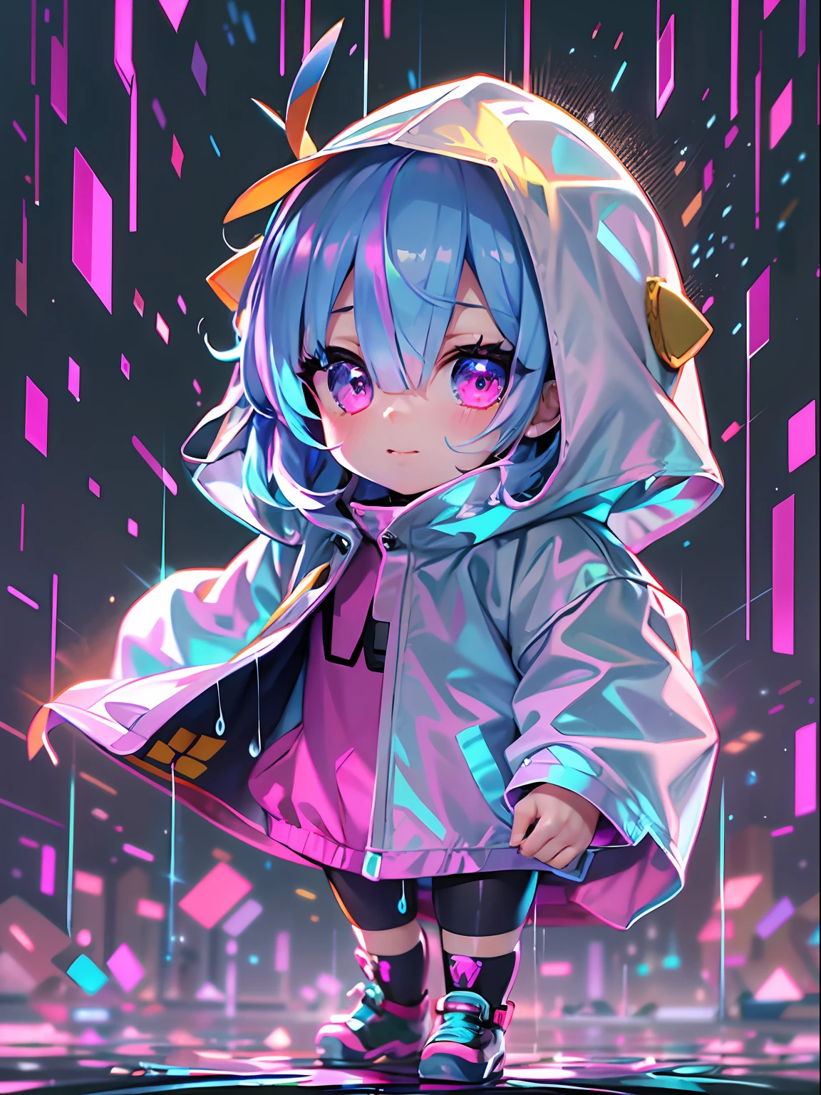 Super cute Q version baby girl Rem standing in the rain in a raincoat, illustration iridescent, magically glowing, shiny colorful, holograph, By Yuumei, Anime art wallpaper 8 K, Guviz-style artwork, Anime art wallpaper 4k, Anime art wallpaper 4 K,  Beautiful anime artwork, Digital anime art, Guviz，（full bodyesbian：1.2）