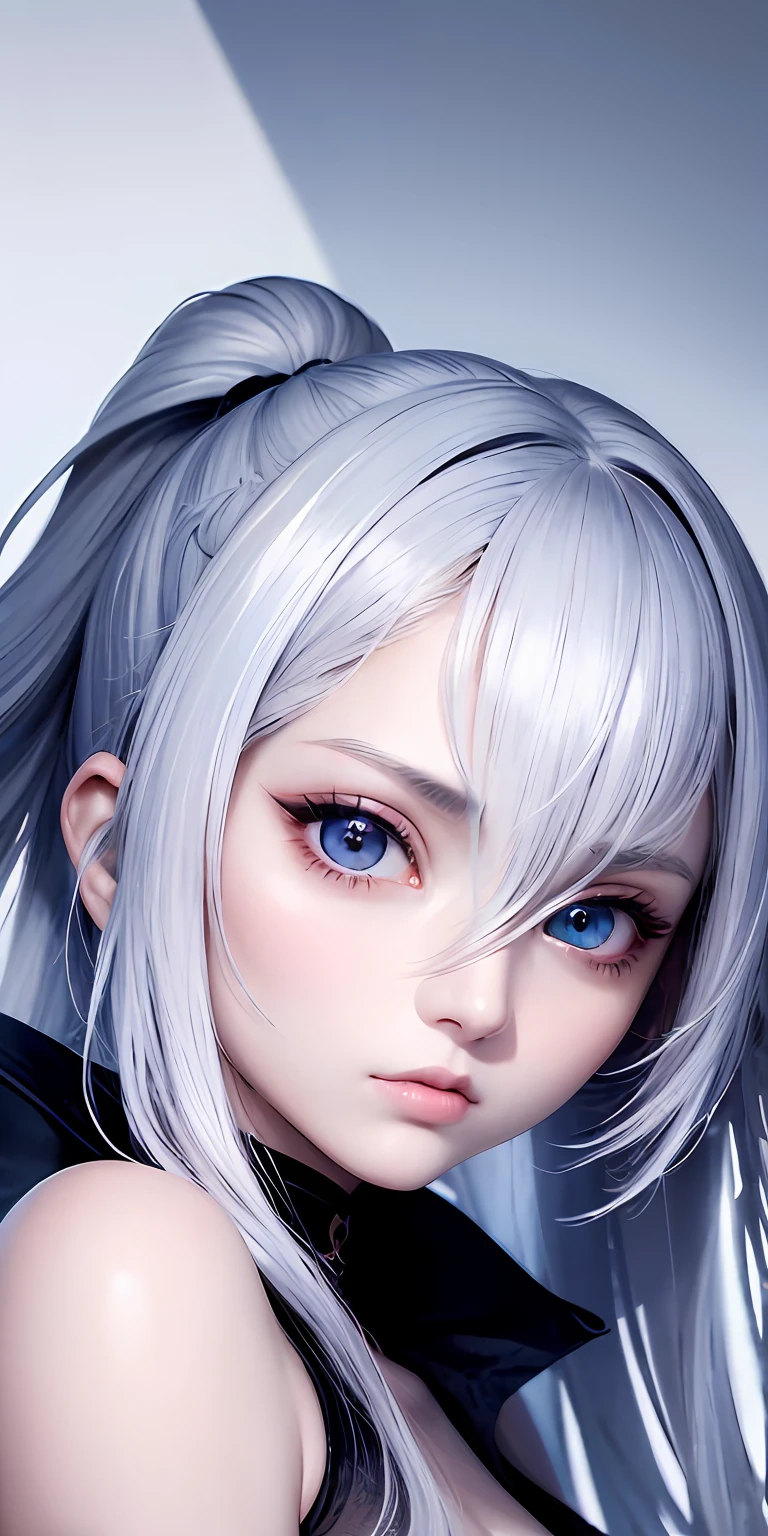 anime styled、One Person18Beautiful woman of age、Moisturized and beautiful eyes、ciri、a picture、androgynous hunnuman、oval jaw、Delicate features、Beautiful expression、The hair、Long bangs、long pony tail、Blue eyes with a beautiful glow、LDS Art