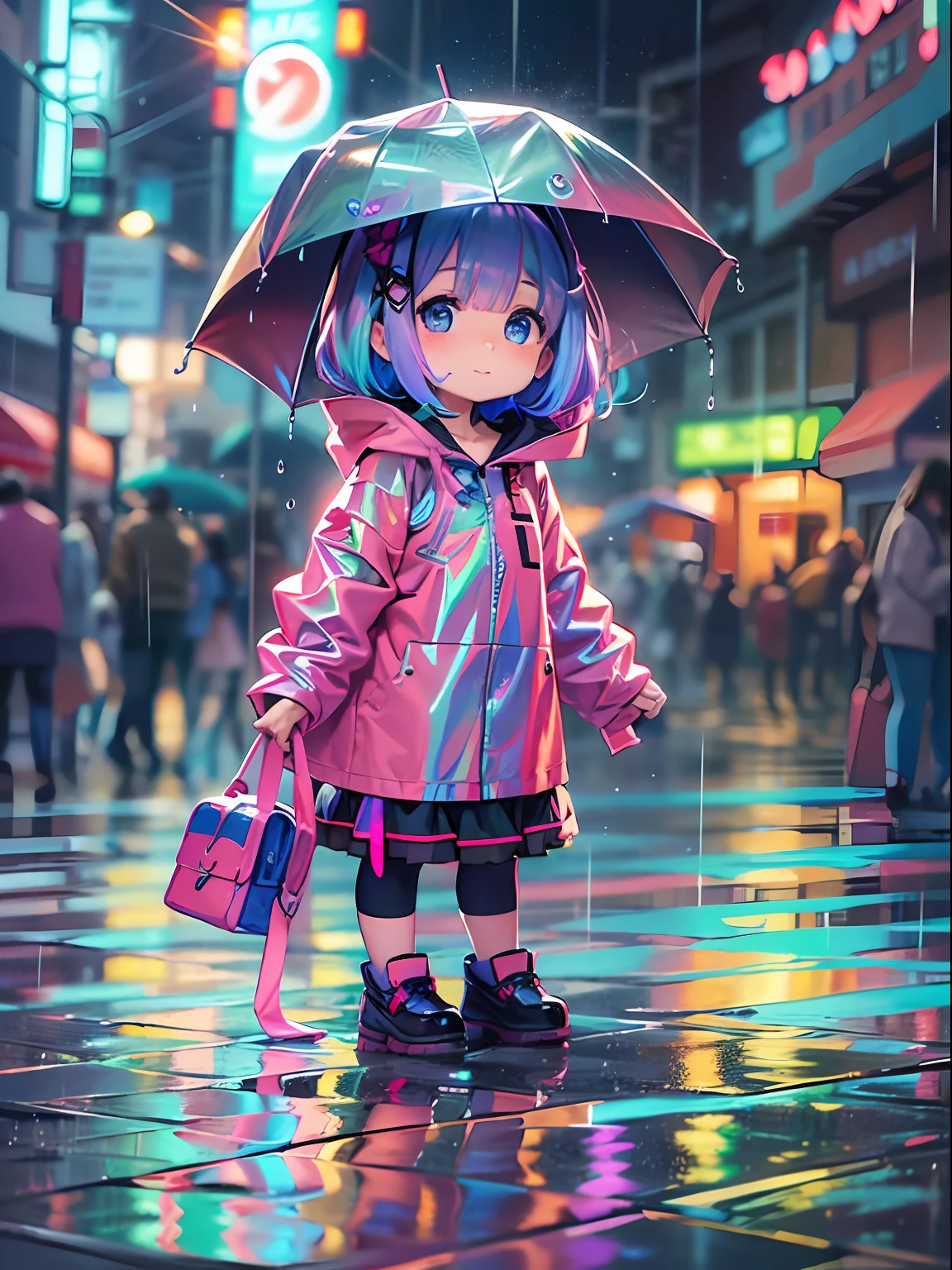 Super cute Q version baby girl Rem standing in the rain in a raincoat, illustration iridescent, magically glowing, shiny colorful, holograph, By Yuumei, Anime art wallpaper 8 K, Guviz-style artwork, Anime art wallpaper 4k, Anime art wallpaper 4 K,  Beautiful anime artwork, Digital anime art, Guviz，（full bodyesbian：1.2）