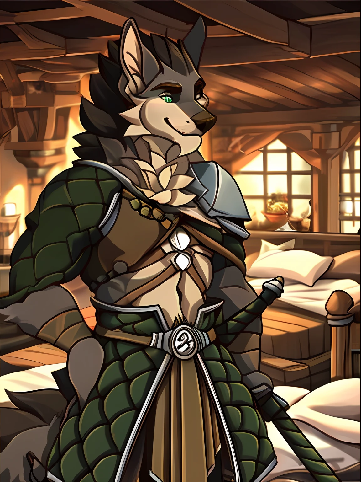 Male alpha wolf in front of bed in wooden house, Nachttisch mit Lavendel, Schwarze Haut, silver tattoo, Mond-Tattoo auf der Brust, Blaue Pupillen, (schwarzer Lendenschurz: 1.3), verbindlich, vor , (Erektion: 1.4), (large balls and scabbard: 1.5), bodily fluids, Traumhintergrund, Freundlichkeit, ((shy facial expression)), smil, flush, Unendliches Licht, Herrlicher Sonnenuntergangshintergrund, Oktan-Rendering, Beautiful features, beautiful delicate eyes, Komplexe Haut, detailliertes Gesicht, Perfektes Hautbild, Extreme Detailgenauigkeit, Ganzkörpersicht, Filmische Beleuchtung, Professionelle Beleuchtung, Mitte, Blick in die Kamera, 8K,FESTPLATTE,extreme quality, Fotografieren mit Hasselblad X1D-50, Maximale Brennweite, Depth of field, Perfekte Beleuchtung, Lichtteilchen, (best quality), (Meisterwerk), (Ultra-detailliert), Scharfer Fokus, Lichtteilchen, (gegabelte Taille), stehend, Meisterwerk, ****cloth, Lendenschurz, Genitalflüssigkeit horny