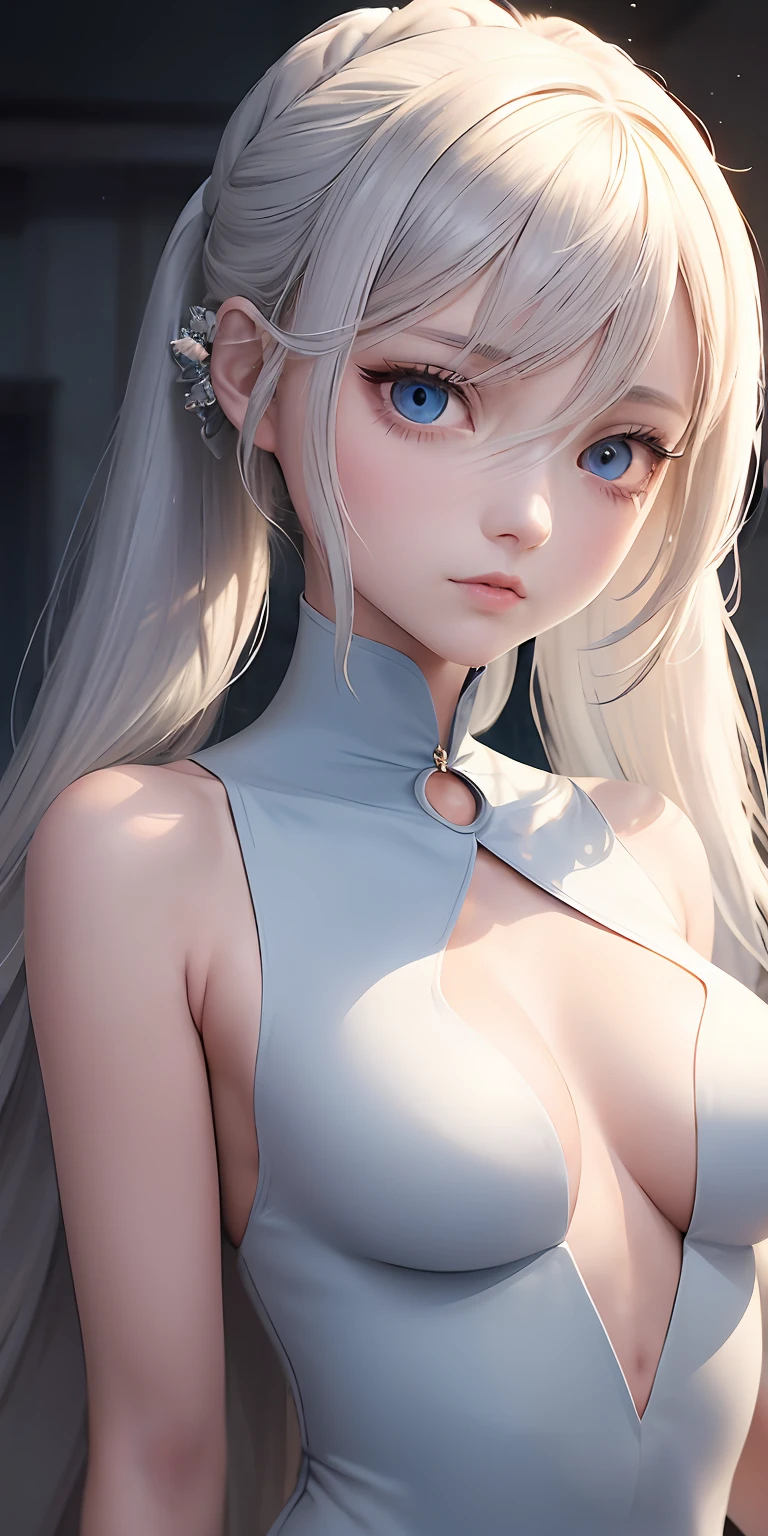 anime styled、One Person１８Beautiful woman of age、Moisturized and beautiful eyes、ciri、a picture、androgynous hunnuman、oval jaw、Delicate features、Beautiful expression、The hair、Long bangs、long pony tail、Blue eyes with a beautiful glow、LDS Art