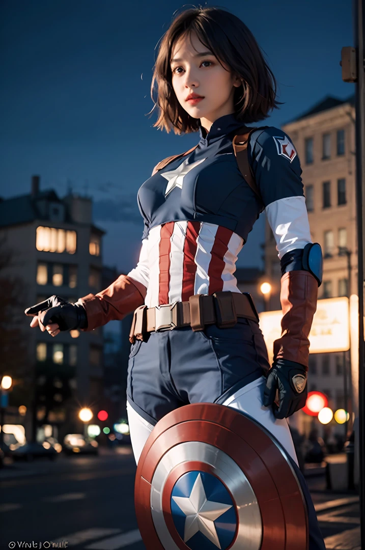 1girl, captain America, captain America girl, short hair, outdoor, night, dynamic pose,