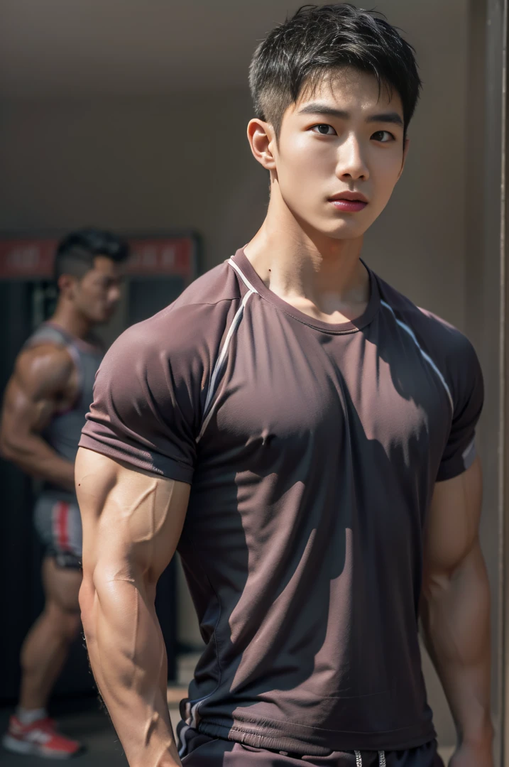 Best quality, super high resolution, (realistic: 1.4), bust photo, gym, 1 asian boy, standing, gym clothes, short hair, upper body naked, muscles, shorts, yang yang, (looking at the audience), (close-up)