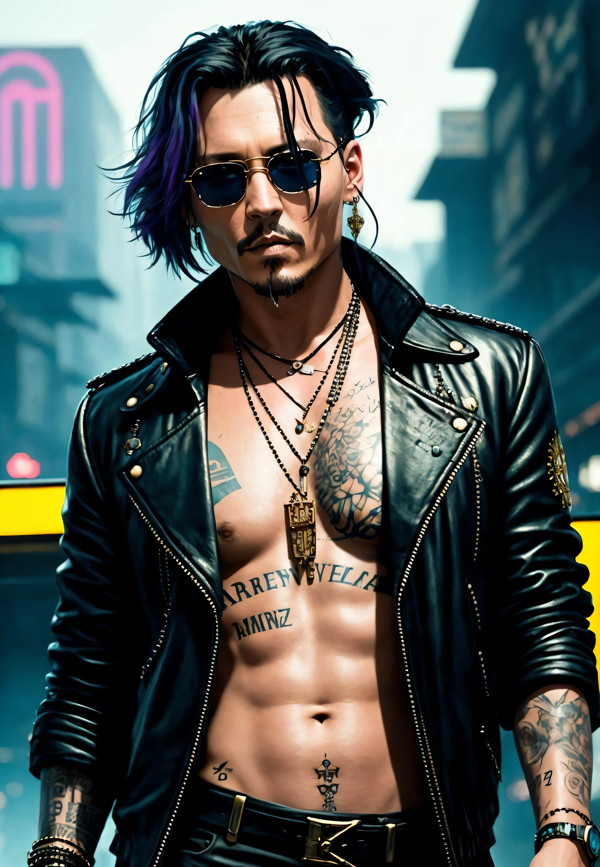 a painting of a Johnny Depp, background, style Cyberpunk 2077, band of gold round his breasts