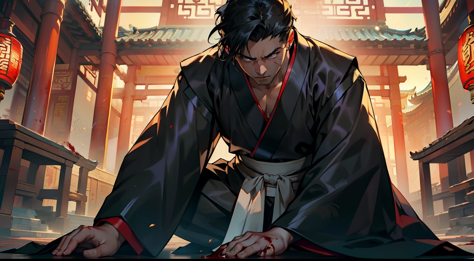 Libido boy, (((Black coat))),((Black Hanfu youth)), (((Black hair))),, Gorgeous, Handsome,Pierced in the chest by a sword，There was a large blood stain on his chest，Painful expression，sat on the ground，Blood，blood stain，(Background: Inside the sacred and magnificent ancient Chinese imperial palace)