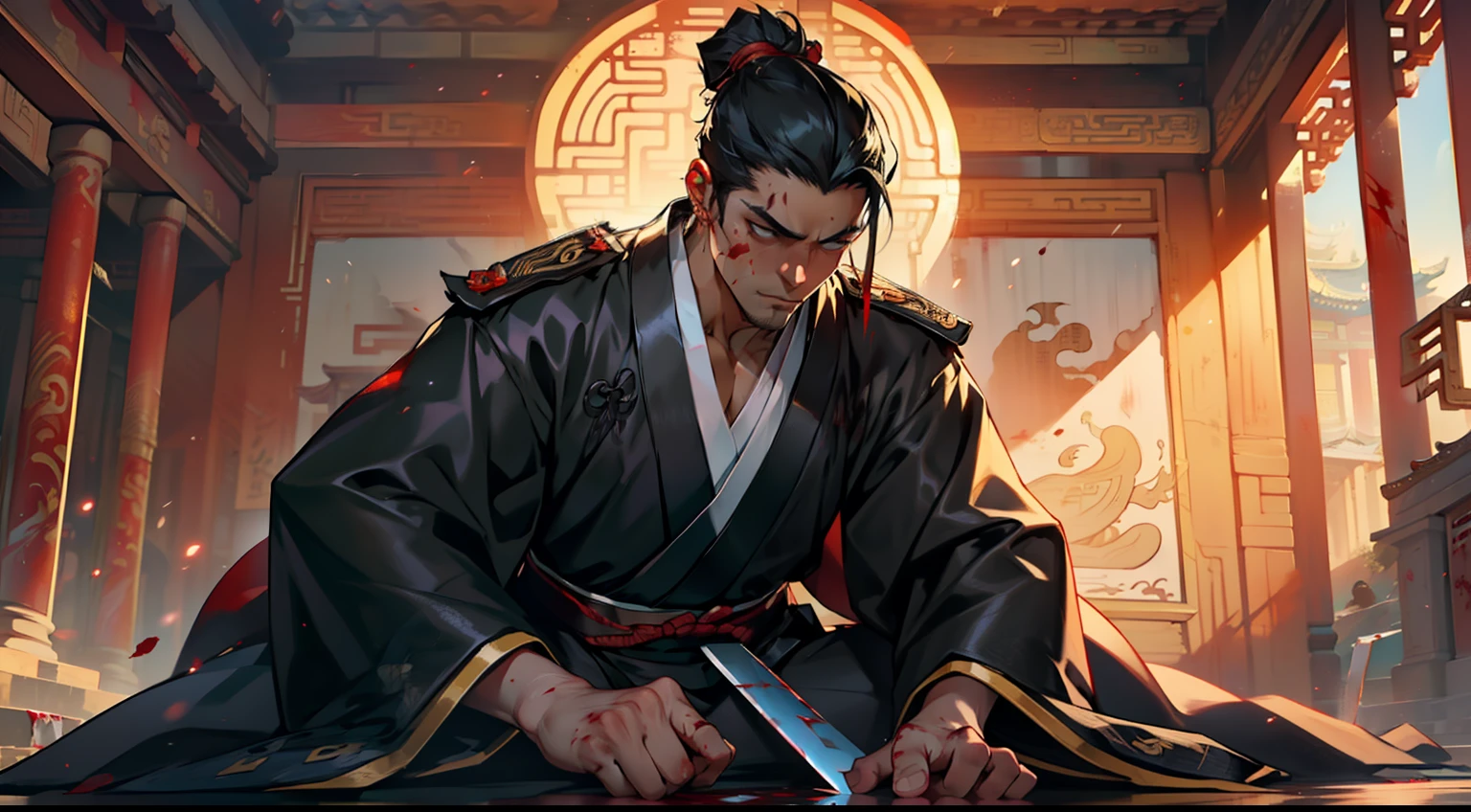 Libido boy, (((Black coat))),((Black Hanfu youth)), (((Black hair))),, Gorgeous, Handsome,Pierced in the chest by a sword,There was a large blood stain on his chest,Painful expression,sat on the ground,Blood,blood stain,(Background: Inside the sacred and magnificent ancient Chinese imperial palace)