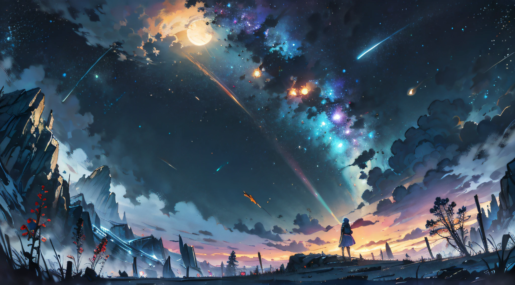 LANDSCAPE PHOTO (SEEN FROM BELOW, SKY ABOVE, FIELD BELOW), GIRL STANDING IN FLOWER GARDEN LOOKS UP (FULL MOON: 1.2), (METEOR: 0.9), (NEBULA: 1.3), DISTANT MOUNTAINS, TREES BREAK CRAFTING ART, (WARM LIGHT: 1.2), (FIREFLY: 1.2), LIGHTS, LOTS OF PURPLE AND ORANGE, INTRICATE DETAILS, VOLUMETRIC LIGHTING BREAK (MASTERPIECE: 1.2), ( Best Quality), 4K, Ultra Detailed, (Dynamic Composition: 1.4), Rich in Detail and Color, (Iridescent: 1.2), (Glow, Atmospheric Lighting), Dreamy, Magical, (Solo: 1.2)