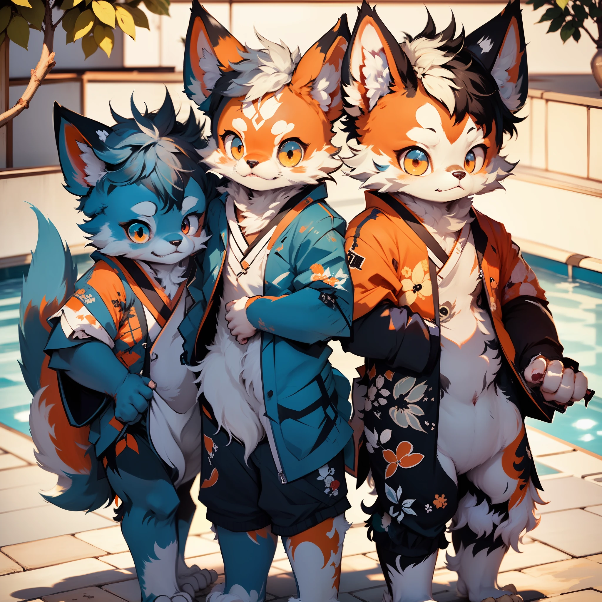 Fury，furry，Hairy all over，Canine line，schoolboy，Beast too，Cute style，Whole body make，By the pool，Japanese style，Blue-white skin，Orange eyes