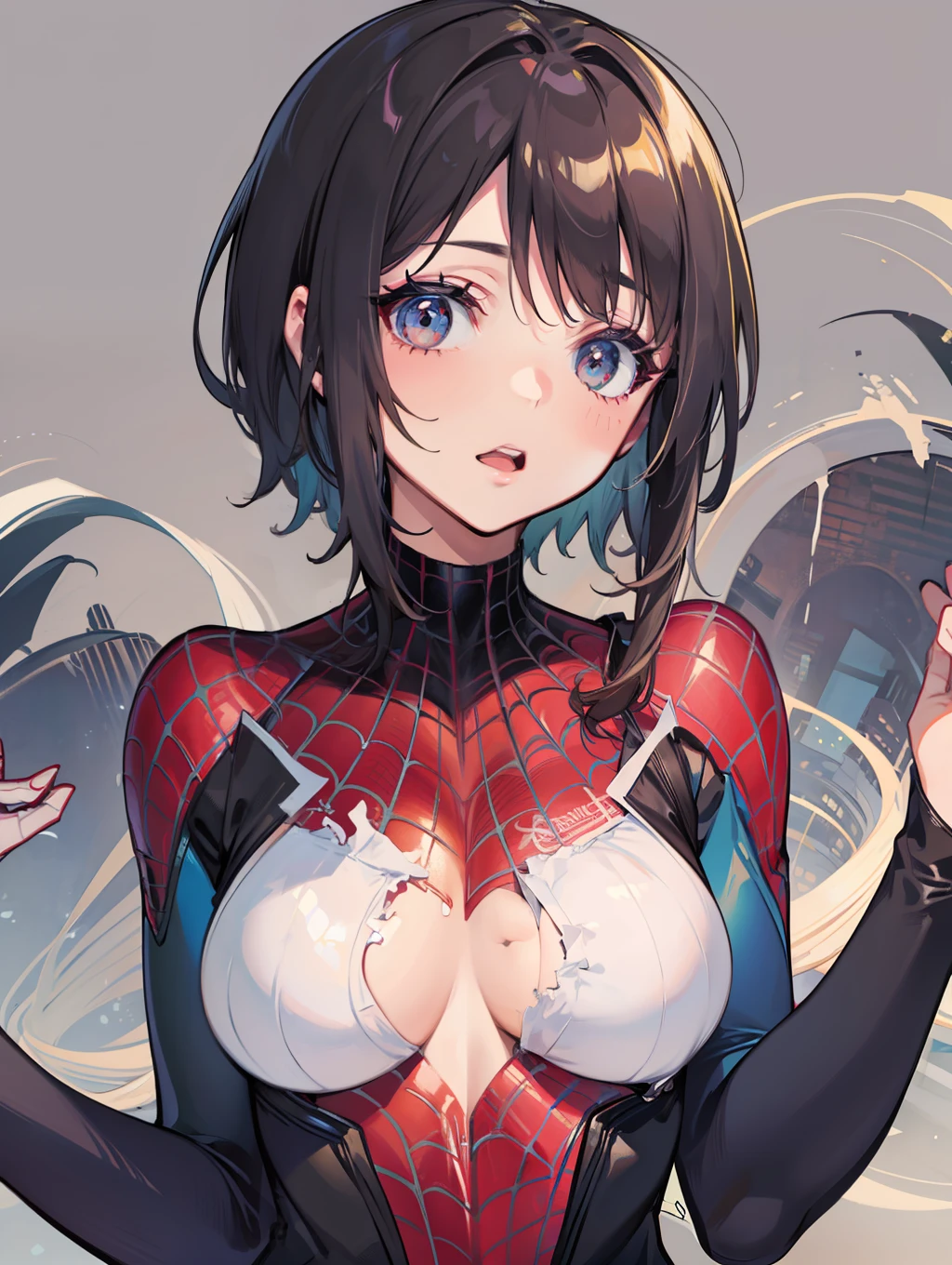 Female Spider-Man，Sexy tights，The head is completely enclosed，without showing face，Hands to hearts