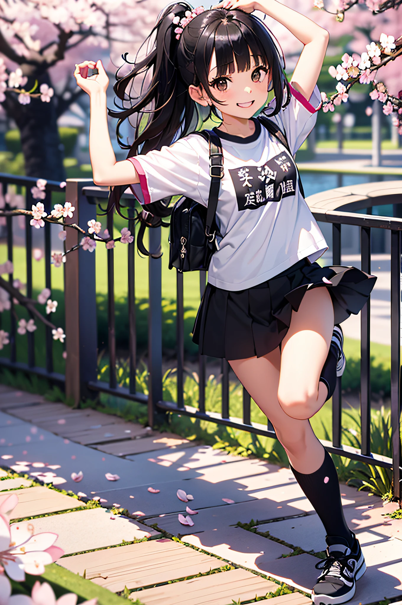 (top-quality、in 8K、32K、masterpiece、UHD、Impresionismo、ighly detailed:1.2)、Full body, (Exquisite cherry blossom garden in full bloom:1.4)、realistic shadow、beauitful face、blurry backround、16-year-old beautiful girl、shinny skin, Beautiful black hair、Blunt bangs、 side poneyTail、Brown eyes、tshirts、mini skater skirt、Black socks、Black shoes、A smile、Raising arms、Dynamic Pose,
