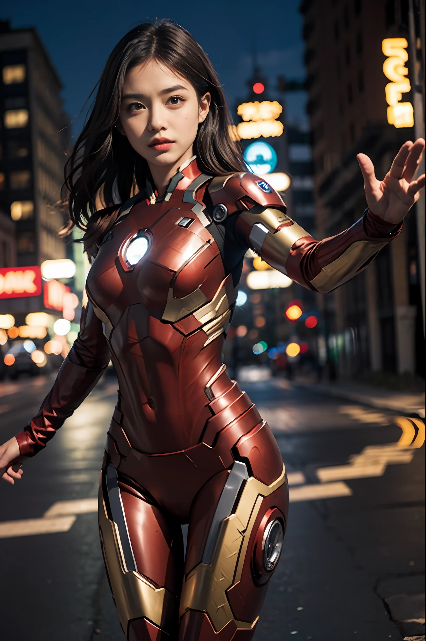 1girl, ironman, night, outdor, ironman outfit, dynamic pose