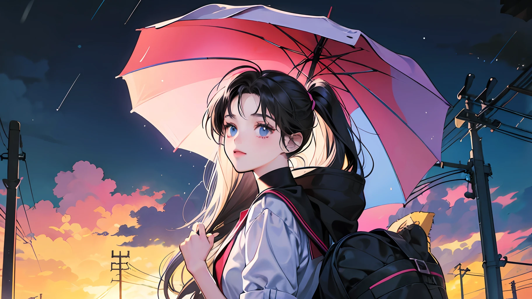 Cartoon girl walking down street in rain at night, lofi-girl, Praise Artstyle, lofi album art, Lofi art, 8 0 s anime vibe, in the art style of 8 0 s anime, style of anime4 K, 8 0 s anime art style, Official artwork, anime vibes, official fanart, Anime style illustration --auto