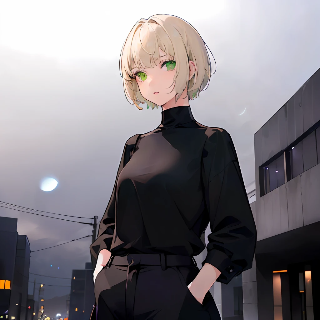 1 girl, solo, (light blonde/white short hair), (short hair), heterochromia, (right green eye), (left purple eye), (casual black shirt), (black trousers), (casual black trousers), (hands in pockets), (staring at something to the right), (night background), (night sky background), (dark night sky background)