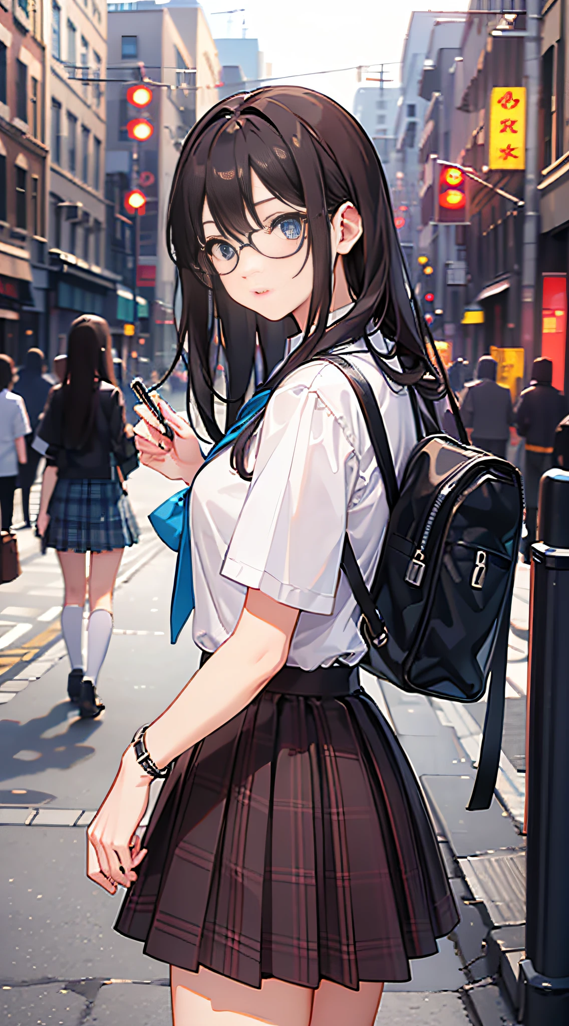 (8K、Raw photography、top-quality、masterpiece:1.2)、Illustration Touch、ultra-detailliert、超A high resolution、女の子1人、dark brown hair、azure eyes、In the street、High school students、校服、plaid skirts、eye glass