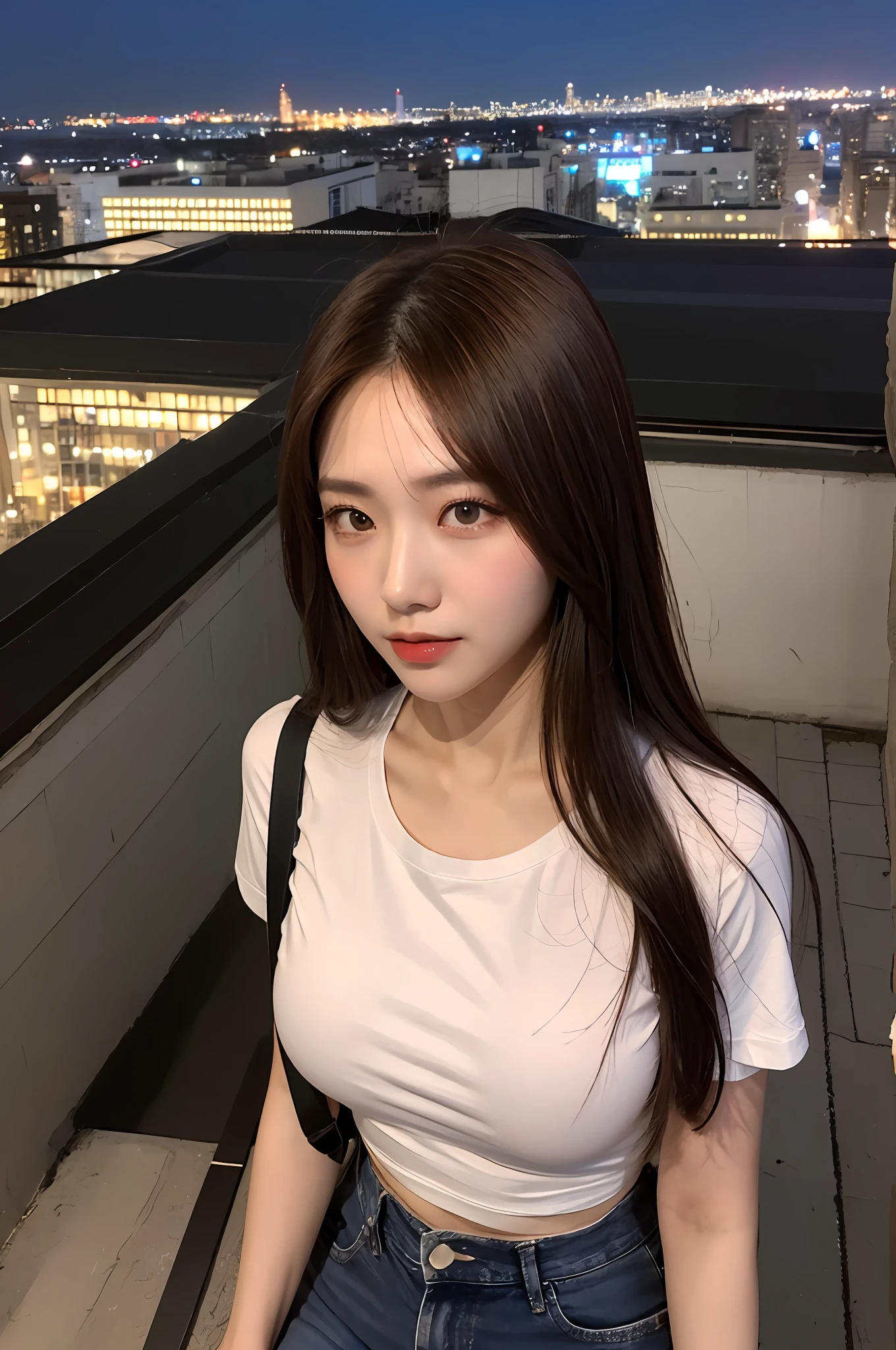 ((Midnight, Best quality, 8k, Masterpiece :1.3)), Whole body, Long legs, Sharp focus :1.2, A pretty woman with perfect figure :1.4, Slender abs :1.1, ((Dark brown hair, Big breasts :1.2)), (White tight tshirt, Jean bib, Standing:1.2), ((Night city view, Rooftop:1.3)), Highly detailed face and skin texture, Detailed eyes, Double eyelid