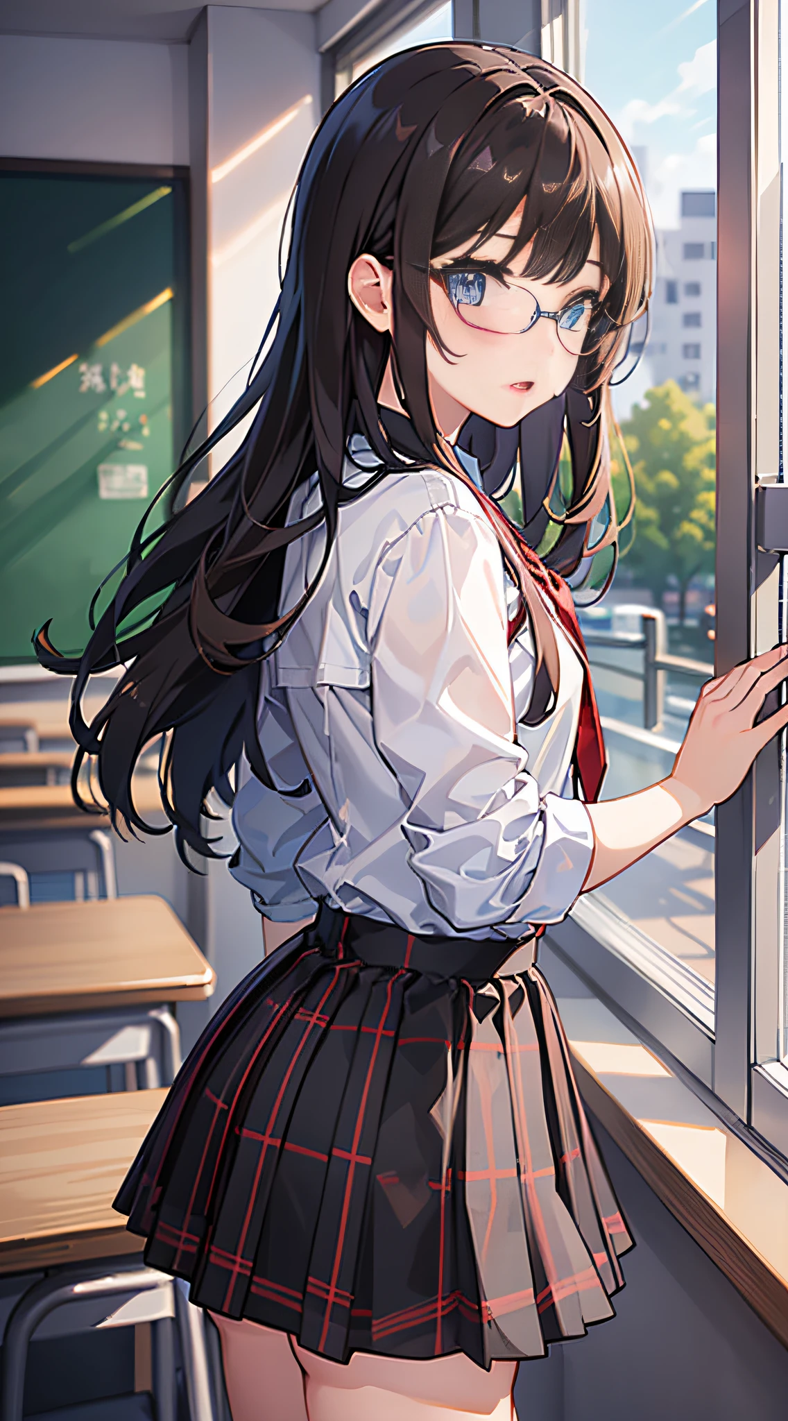 (8K、Raw photography、top-quality、​masterpiece:1.2)、Illustration Touch、ultra-detailliert、超A high resolution、女の子1人、dark brown  hair、azure eyes、‎Classroom、High school students、校服、plaid skirts、eye glass