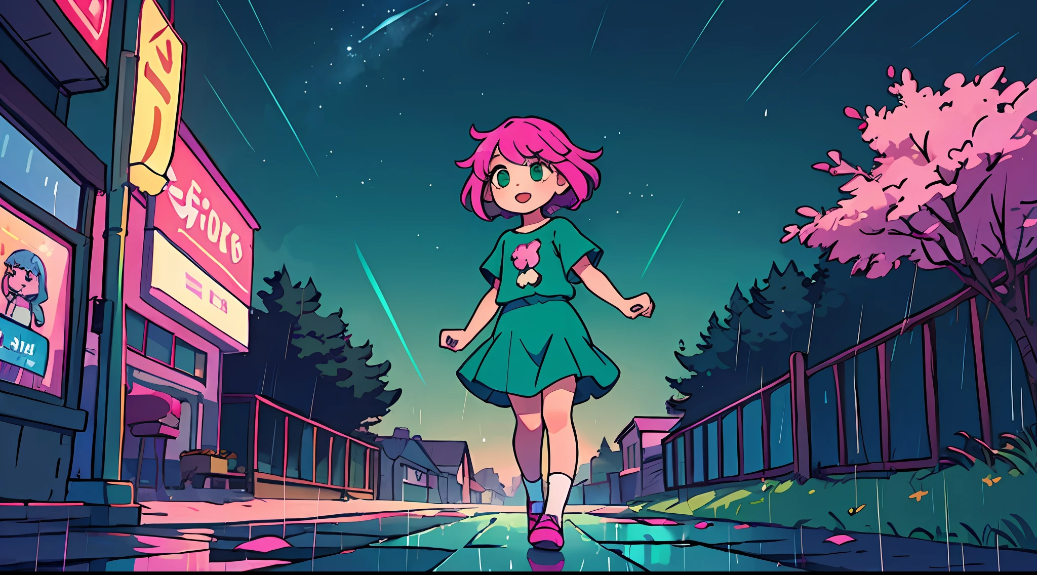 Cartoon girl,Stand up,Emerald green eyes,Blue-pink hair,Ordinary street,Rainy days,Cute,floated hair,Short stature,Petite and charming figure,Lovely looks,starrysky,Dazzling sky --auto