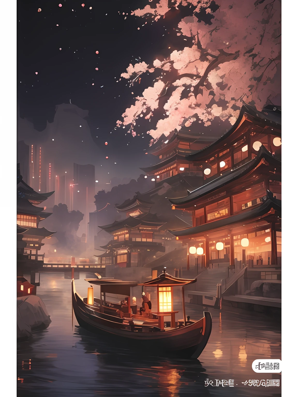 Draw a boat in the river，There are a lot of lights, dreamy Chinese towns, Japan city, cyberpunk chinese ancient castle, Japanese art style, by Yang J, ross tran. scenery background, traditional japanese concept art, japanese town, Beautiful rendering of the Tang Dynasty, japanese city at night, cyberpunk japanese temple, Rosla global lighting, oriental scene