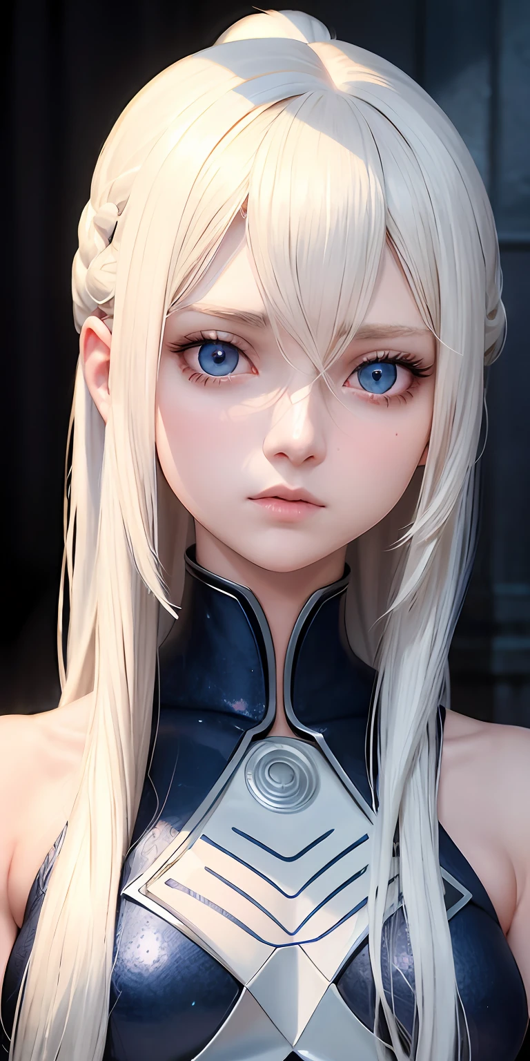 anime styled、One Person18Beautiful woman of age、Moisturized and beautiful eyes、ciri、a picture、androgynous hunnuman、oval jaw、Delicate features、Beautiful expression、Beautiful blonde hair、Long bangs、long pony tail、Blue eyes with a beautiful glow、LDS Art