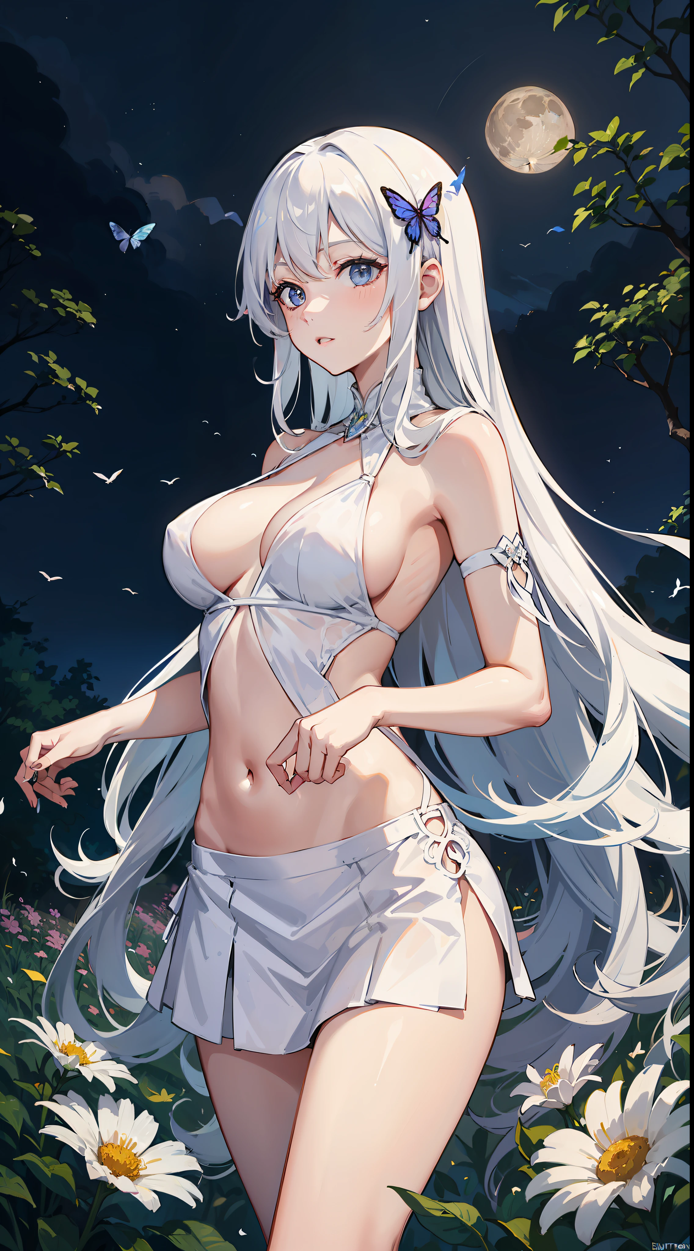 long white hair,Very long hair,White skin of the,Sexy body curves,In the meadow,butterflys,Flying birds,fresh flowers,the night,themoon,above waist,Portrait photo,white skirt