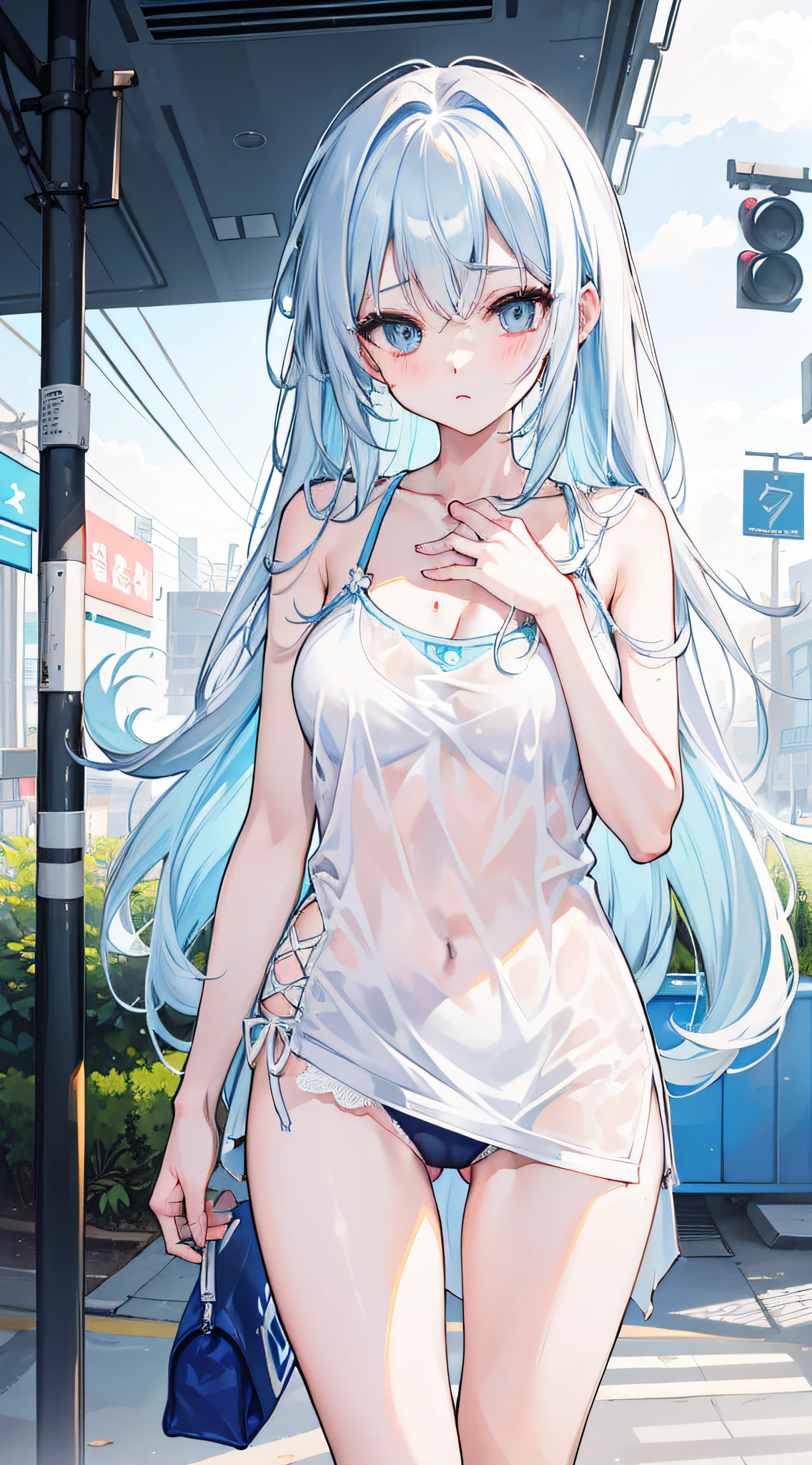A super beautiful girl,long white hair,Light blue camisole vest,The top is soaked,Cover your chest with your right hand,blue thongs,The bust is 36F,Cool feeling,Korean style,full bodyesbian,Low saturation colors,Look into perspective,In the background is a bus stop