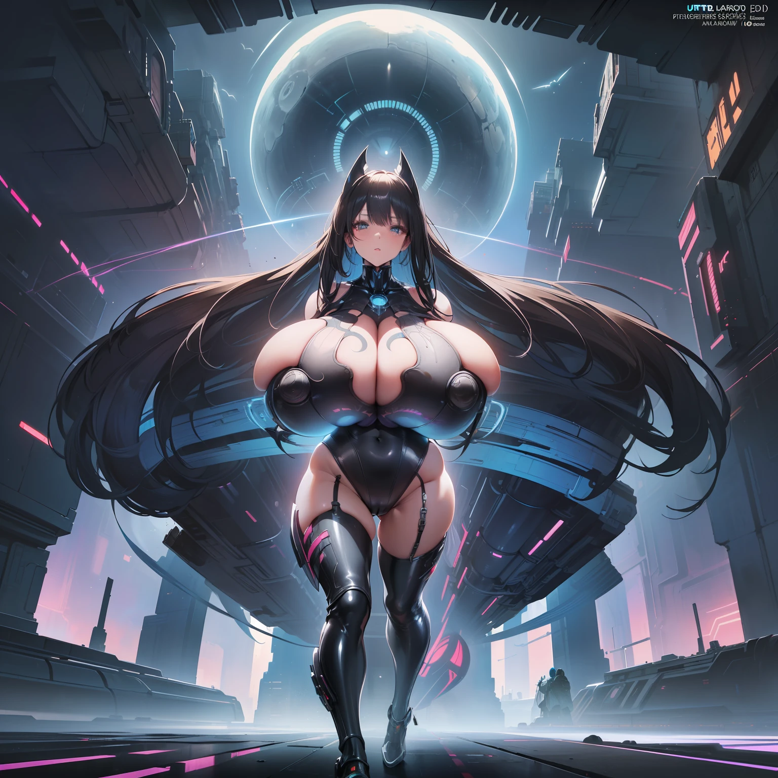 neon cyberpunk beautiful woman in middle of composition, (((ultra detailed flat earth futuristic city ))), arab beautiful model, detailed and intricate (((space background))), featuring high-tech holographic projections and sleek architecture, nebula and black hole, art by (((Syd Mead, Masamune Shirow, Dylan Kowalski))), highly detailed photo realistic, (((cell shading))), god rays, ultra sharp focus, ultra high quality, vibrant, (very enormous breast:1.7), (:1.1), (bare breasts:1.4), shiny latex is black, latex stockings, long hair, (shiny skin:1.4), shiny lips, very big ass, symmetrical detailed face, toned, sexy, masterpiece