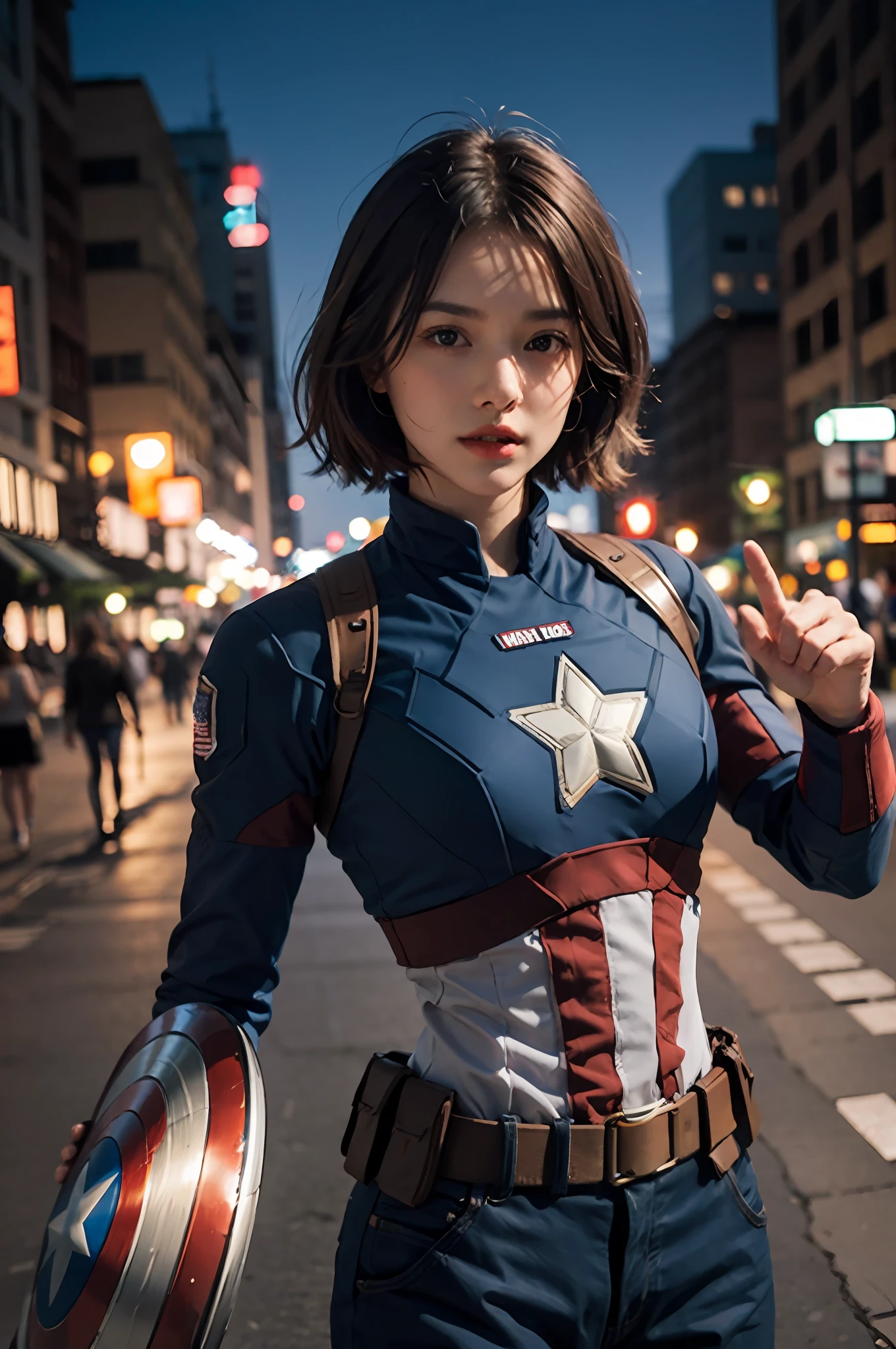 1girl, captain America, captain America girl, short hair, outdoor, night, dynamic pose,