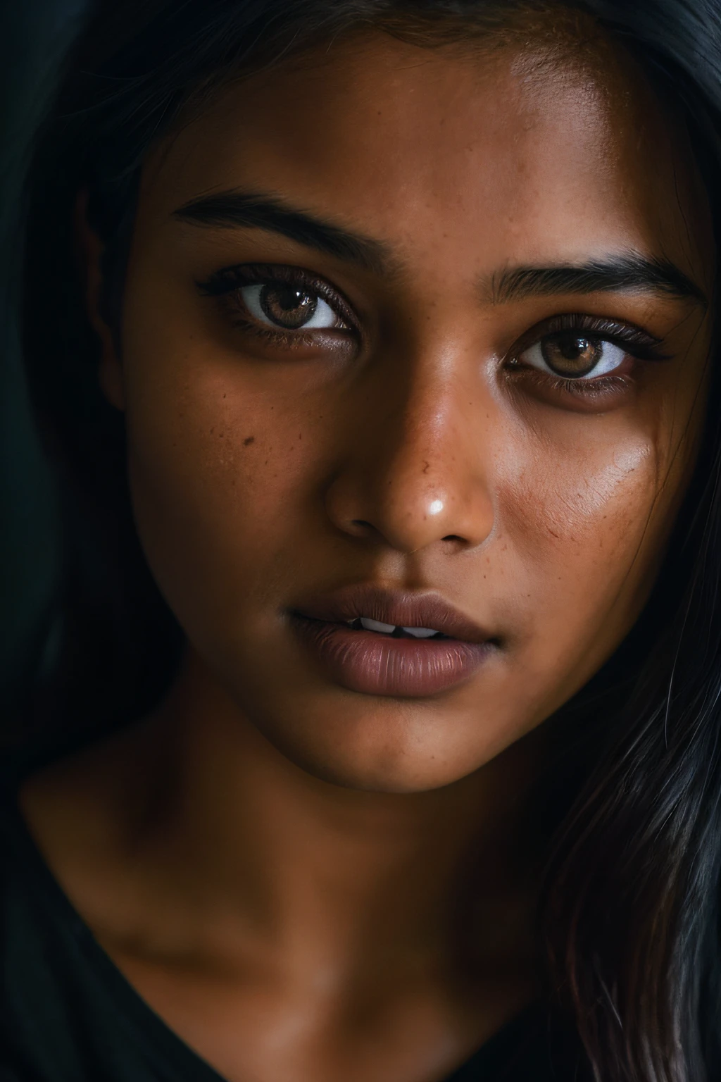 (close-up, editorial photograph of a 21 year old Bangladeshi woman), (highly detailed face:1.4) (smile:0.7) (background inside dark, moody, private study:1.3) POV, by lee jeffries, nikon d850, film stock photograph ,4 kodak portra 400 ,camera f1.6 lens ,rich colors ,hyper realistic ,lifelike texture, dramatic lighting , cinestill 800,