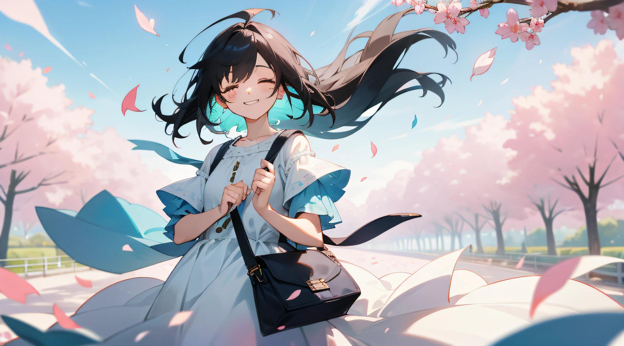 Hair fluttering in the wind、Holding back hair with right hand、Winking in the right eye、a smile、Petals fluttering in a strong wind、Shoulder Bag、a park
