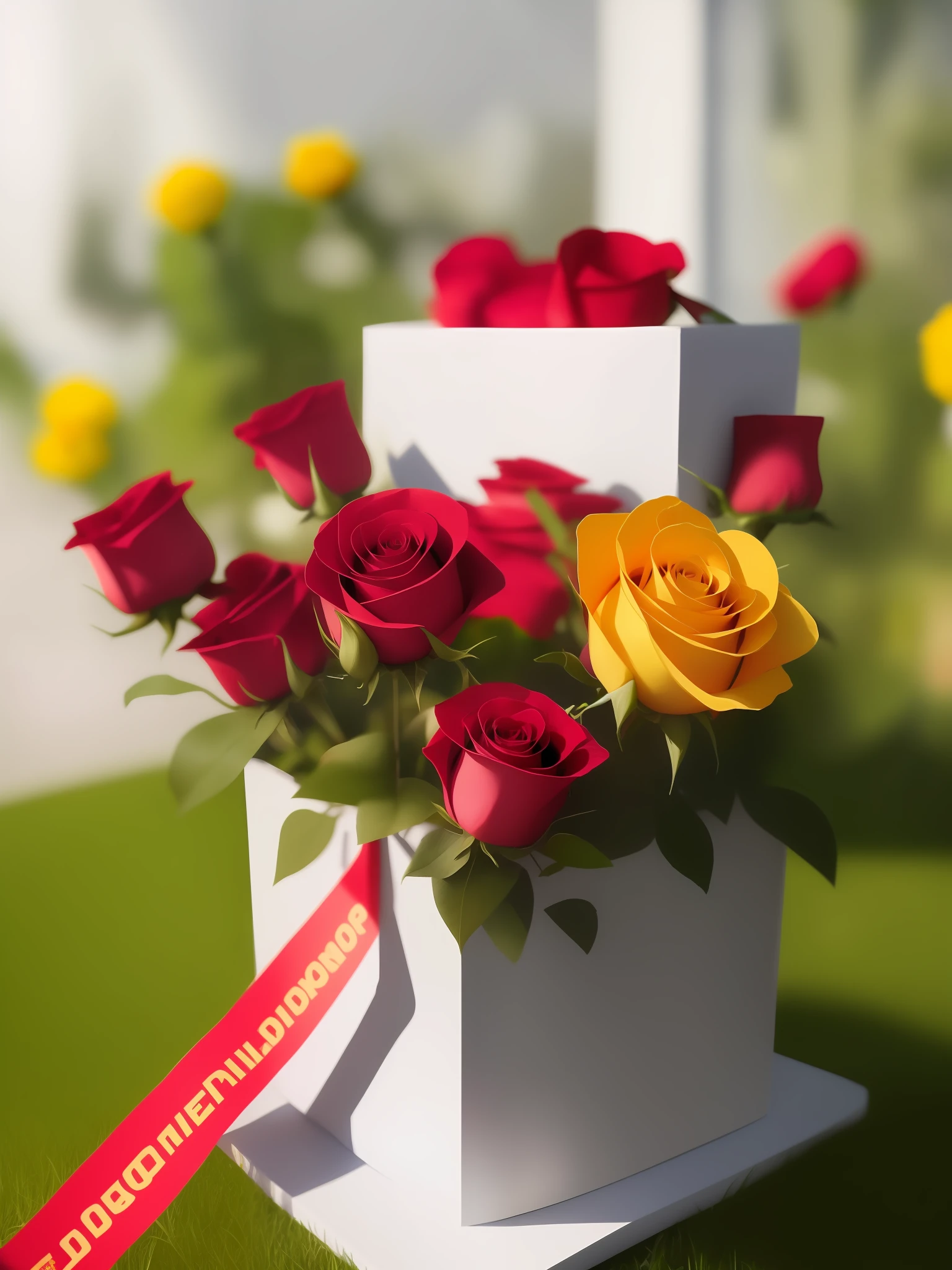 (8K, masterpiece), best quality, excellent quality, extreme detail (full detail), 3 yellow rose, a box of gift, (red), golden banner, morning, garden, HQ