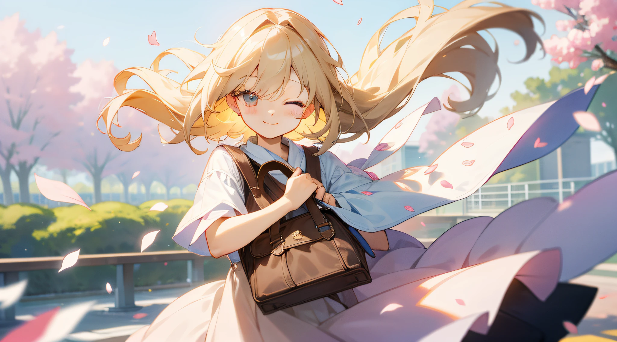 Hair fluttering in the wind、Holding back hair with right hand、Winking in the right eye、a smile、Petals fluttering in a strong wind、Shoulder Bag、a park