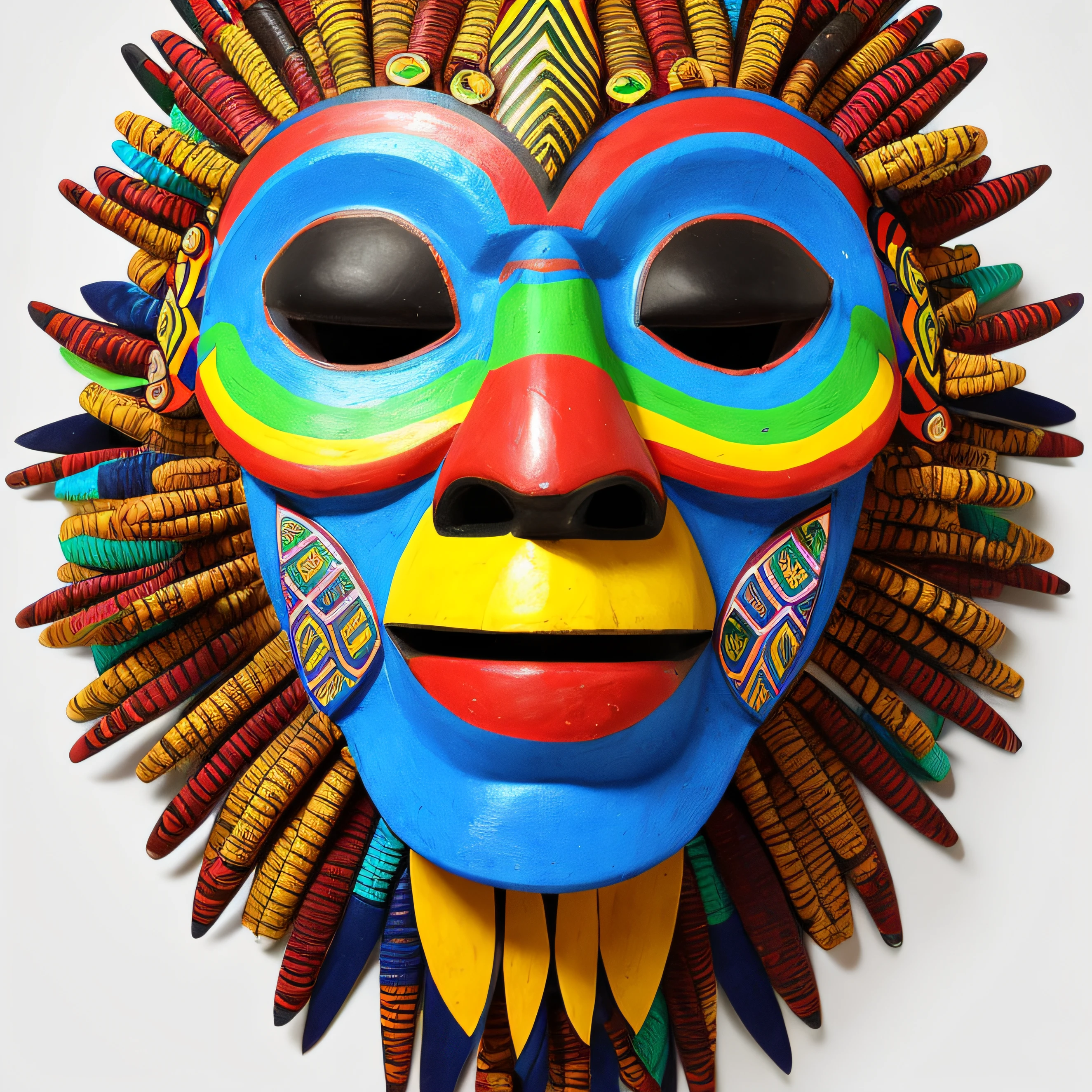 Create a super colorful African tribal mask with lots of details, fundo branco, 8k, melhor qualidade, imagem profissional, sem sombras, cores vivas, imagem realista