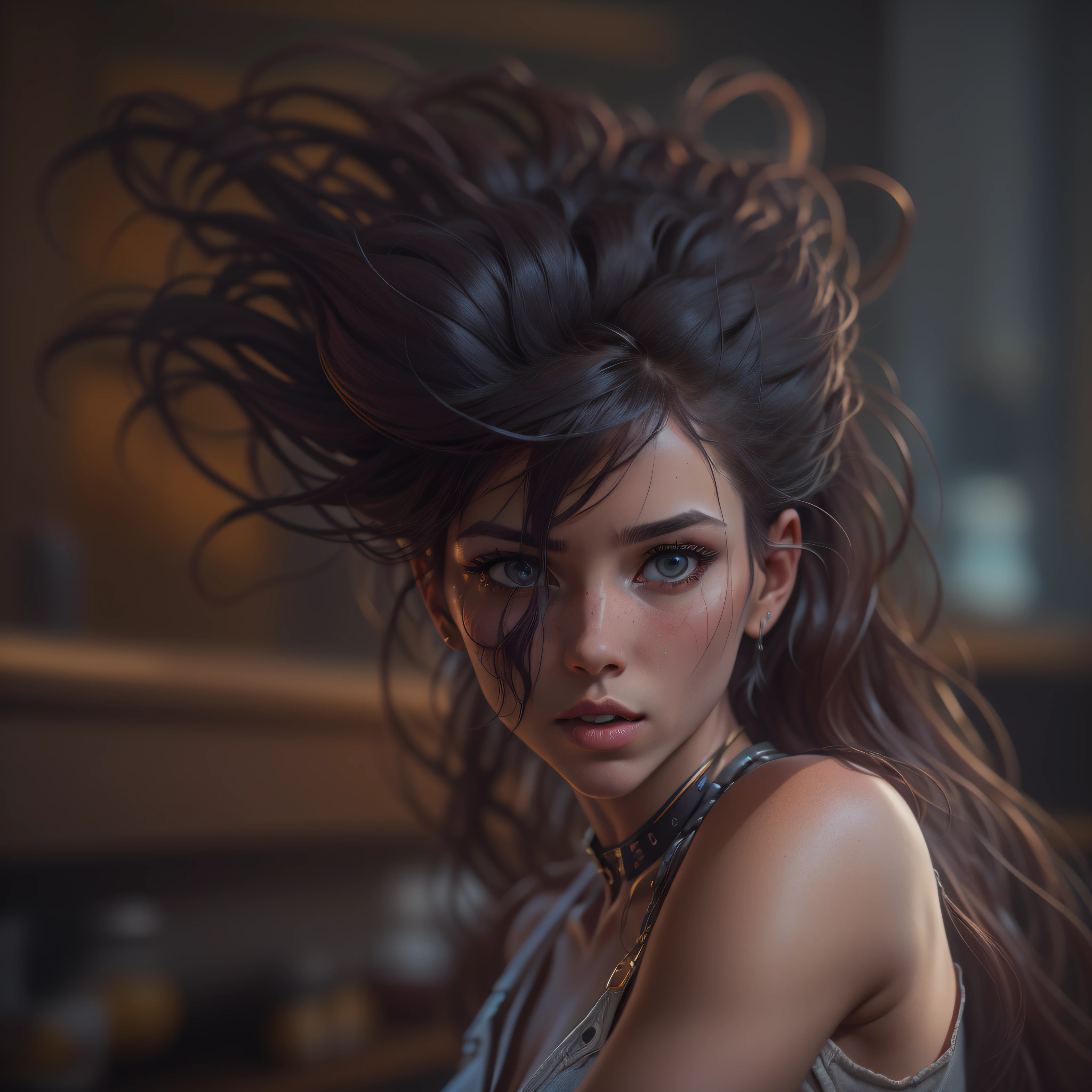 Foto de retrato de rosto completo de menina europeia de 25 anos, ....RAW, mulher bonita, semi-open strawberry lip, covinhas, wistful expression, (brown hair with extra long wavy), ((rosto detalhado)), ((detailedfacialfeatures)), (pele fina detalhada), pale skinned, ambiente de megacidade cyberpunk, (cor fria), humid, humid, reflexo, (masterpieceShot com Canon EOS R5 (detalhe) (Fotos realistas) (detalhes detalhados) mola a 50mm | | |, F/2.8,  HDR, (8k) (papel de parede) (cinematic lighthing) (lighting dramatic) (foco nítido) (complexo), fotografia ....RAW, fotografia ....RAW, fotografia gigachade, camera pose, jeans preto, back arm, 8k UHD, DSLR, de alta qualidade, grain movie, Fujifilm XT3, Film Stock Photo 4 Kodak Portra 400 Camera F1.6 Rich Colors Lenses Ultrarealistic Textures Dramatic Lighting Unreal Engine Art Station Trends Cinestill 4B8r3B4p7yhRXuBWLqsQ546WR43cqQwrbXMDFnBi6vSJBeiF8tPW85a7r7DM961Jvk4hdryZoByEp8GC8HzsqJpRN4FxGM9mess, Muscles, Veias Estouradas, Contas, (( portanto & roxo vestido sexy)), (rabo de cavalo, 1 capacete grande),