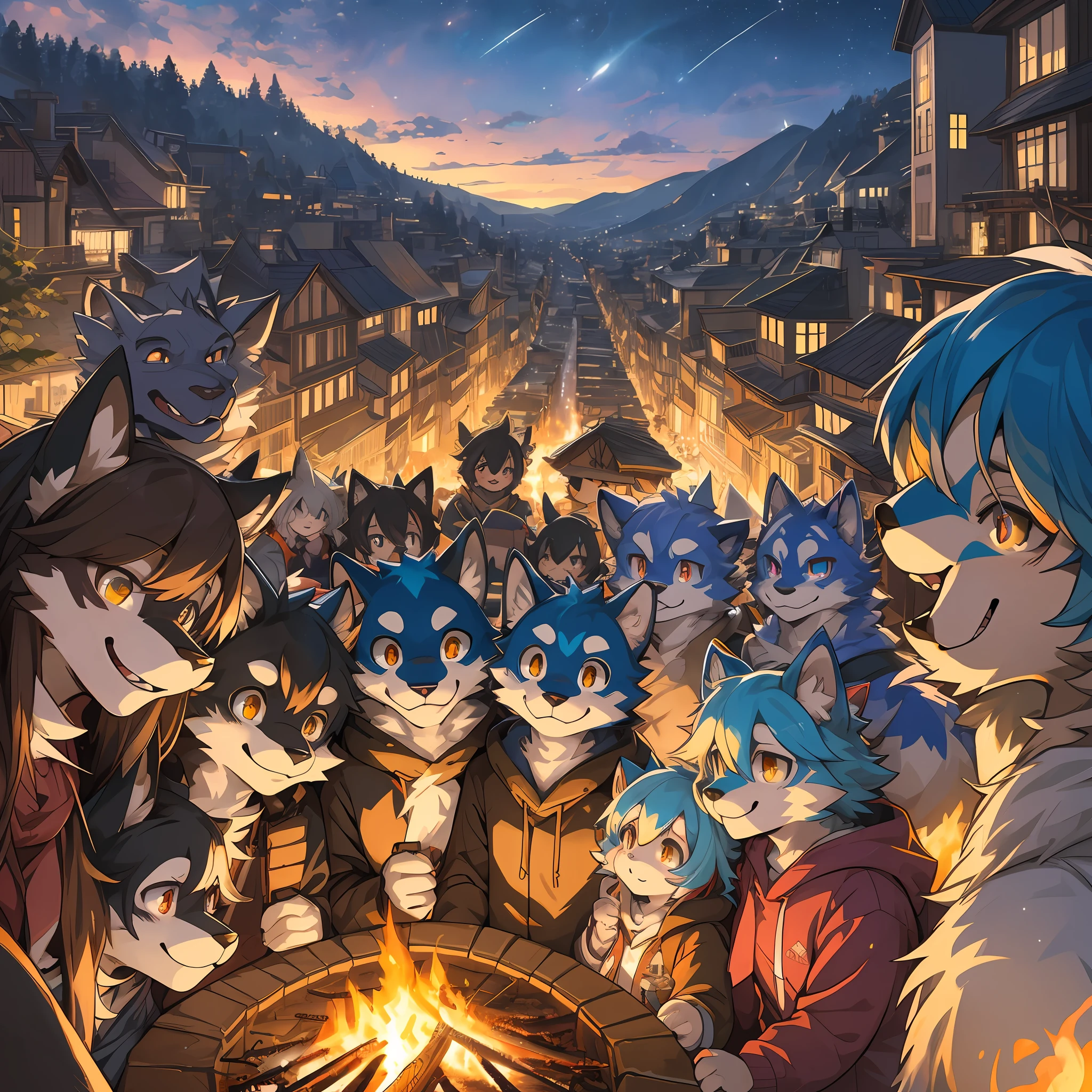 detailed background, Crowded cityscape, group shot, 6+boys, 6+girls, camp-fire, night sky, absurdres(highly detailed beautiful face and eyes)perfect anatomy(Photo of family trip)(kemono, furry anthro)selfie,