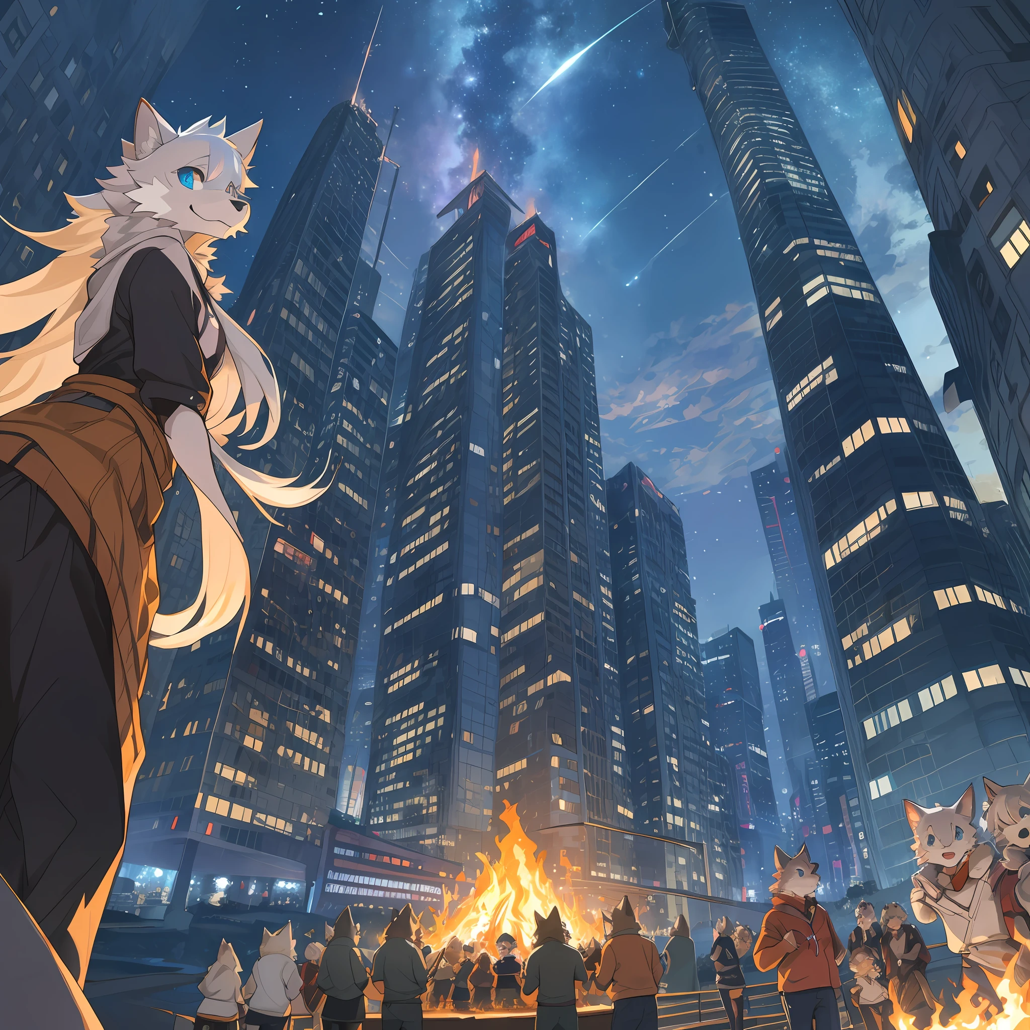 detailed background, Crowded cityscape, group shot, 6+boys, 6+girls, camp-fire, night sky, absurdres(highly detailed beautiful face and eyes)perfect anatomy(Photo of family trip)(kemono, furry anthro)selfie,