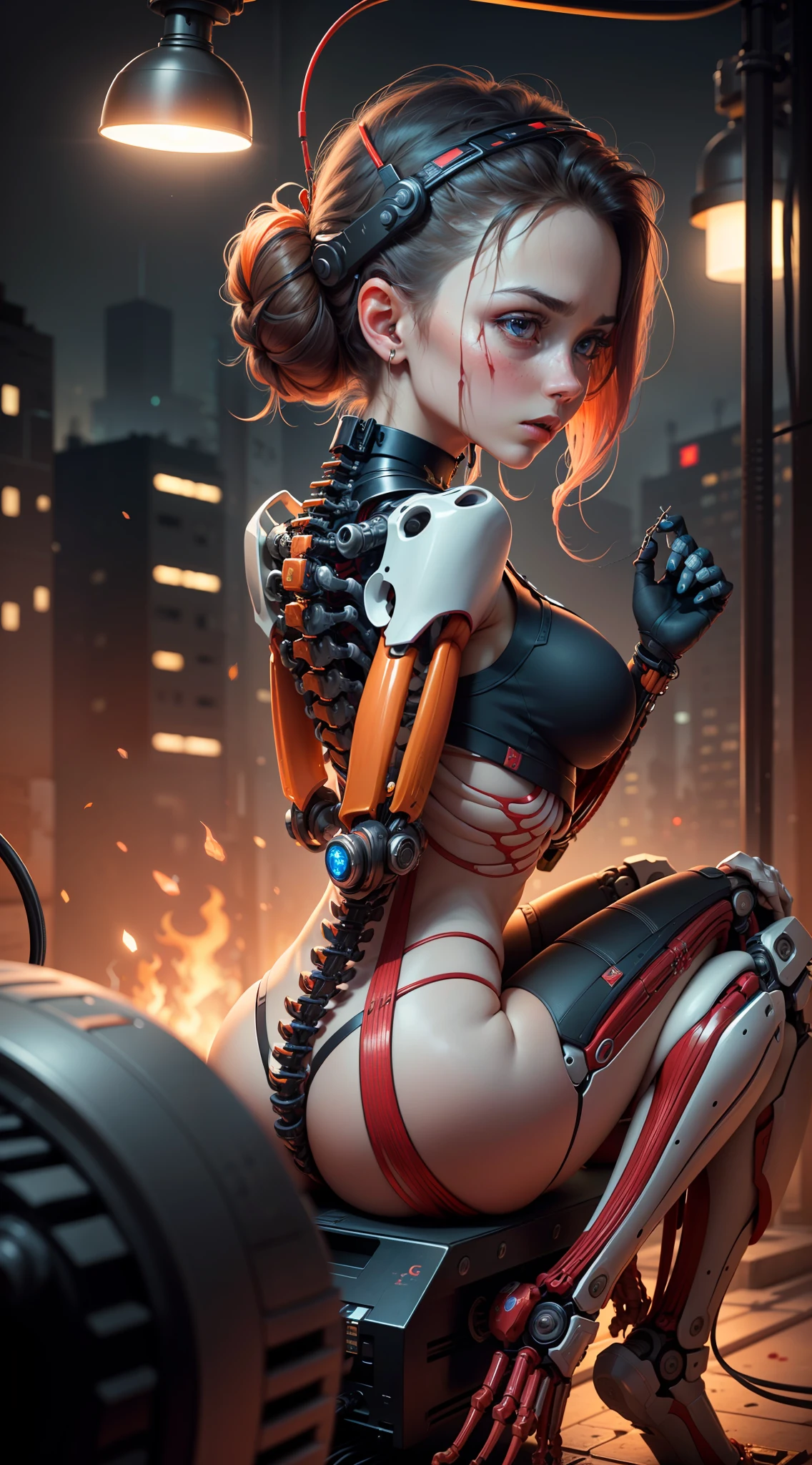 (((masterpiece))), (((best quality))), ((ultra-detailed)), (highly detailed CG illustration), ((an extremely delicate and beautiful)),(from side),cinematic light,((1mechanical girl)),solo,half body,(machine made joints:1.2),((machanical limbs)),(blood vessels connected to tubes),(mechanical vertebra attaching to back),((mechanical cervial attaching to neck)),(sitting),expressionless,(wires and cables attaching to neck:1.2),(wires and cables on head:1.2)(character focus),science fiction,city background, extreme detailed,colorful,highest detailed,(face shadow (extra detailed,best performance)), laser eyes (detailed red))fire in holes of hands)