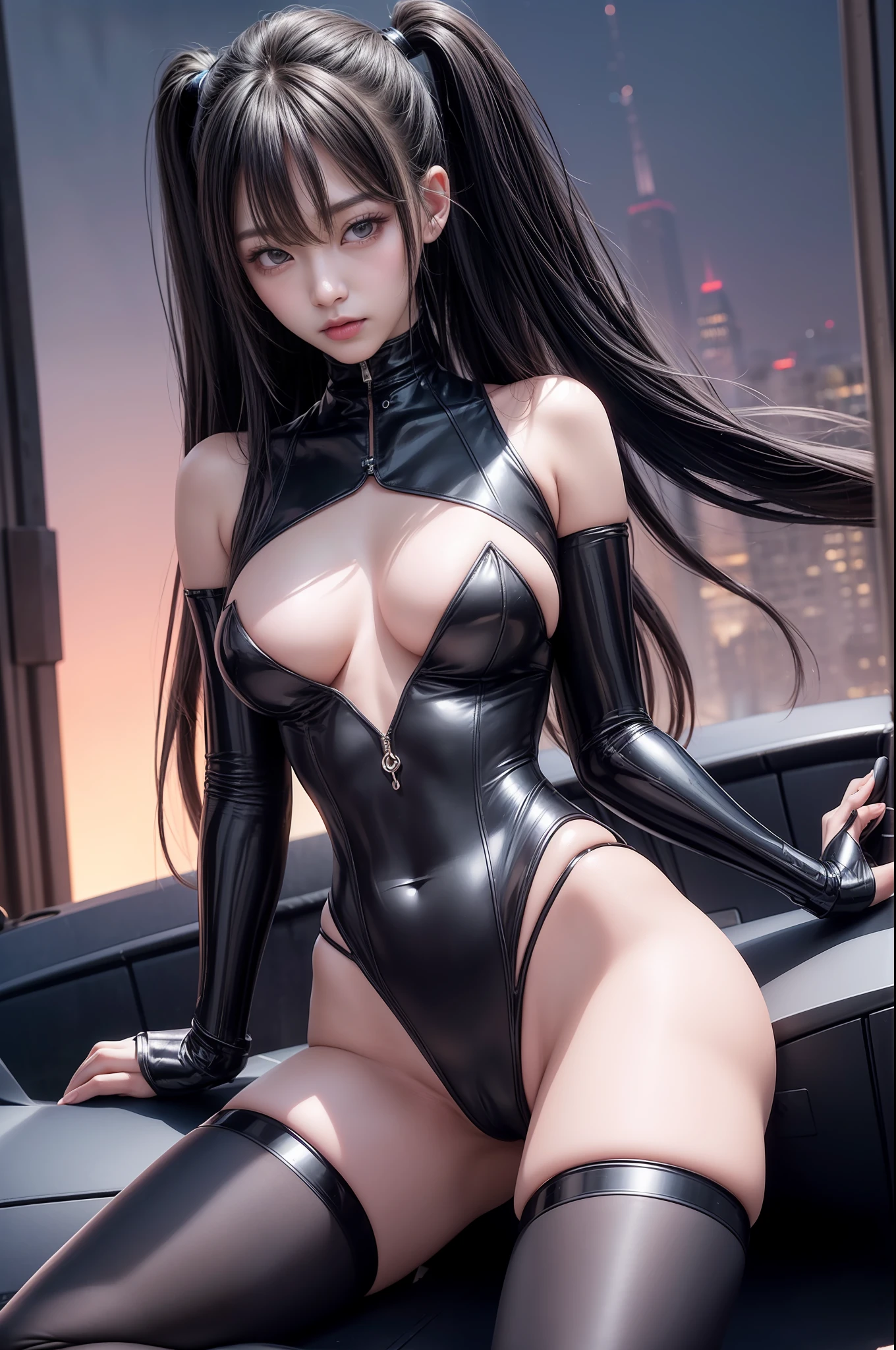 delicated face、20-year-old KPOP idol cyborg girl、(Carbon Fiber Cyborg Body)、Carbon fiber body、{{twin-tail hair}}、{{{Hair that flutters in the wind}}}、{{{medium breasts}}}、(mechanical joint)、bangss、Charming curves、Middle of the pelvis、((Pafia Leola))、(Open your legs、highleg、Spread Leg、camel's toe、cammel toe、vulvashaped:1.25)、(cyberpunked、SF:1.2)、([[glowing neon]]、(The upper part of the body:1.15)、(8k、RAW Photography、top-quality、 ​masterpiece: 1.45)、(NSFW:1.3)、(((deep in the night)))、(((The Darkness)))