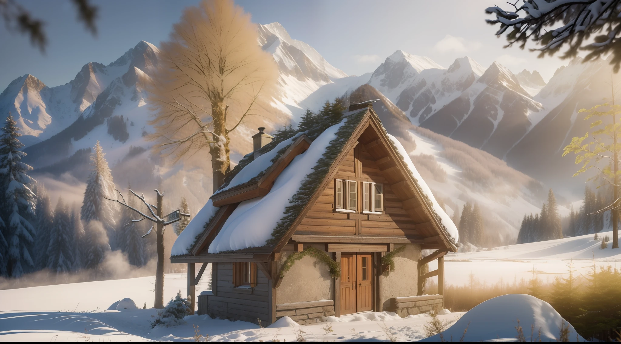 (scenecy,photography of,Ultra photo realsisim),rural landscape, Nature wallpaper,camera photography,real photograph,photography of,There is a chalet in the wild,The mountains are in the background, Beautiful scenery, mountainous setting, summer morning light,Snow-capped mountains in the distance,The sun shines on the snowy mountains,Displayed in gold