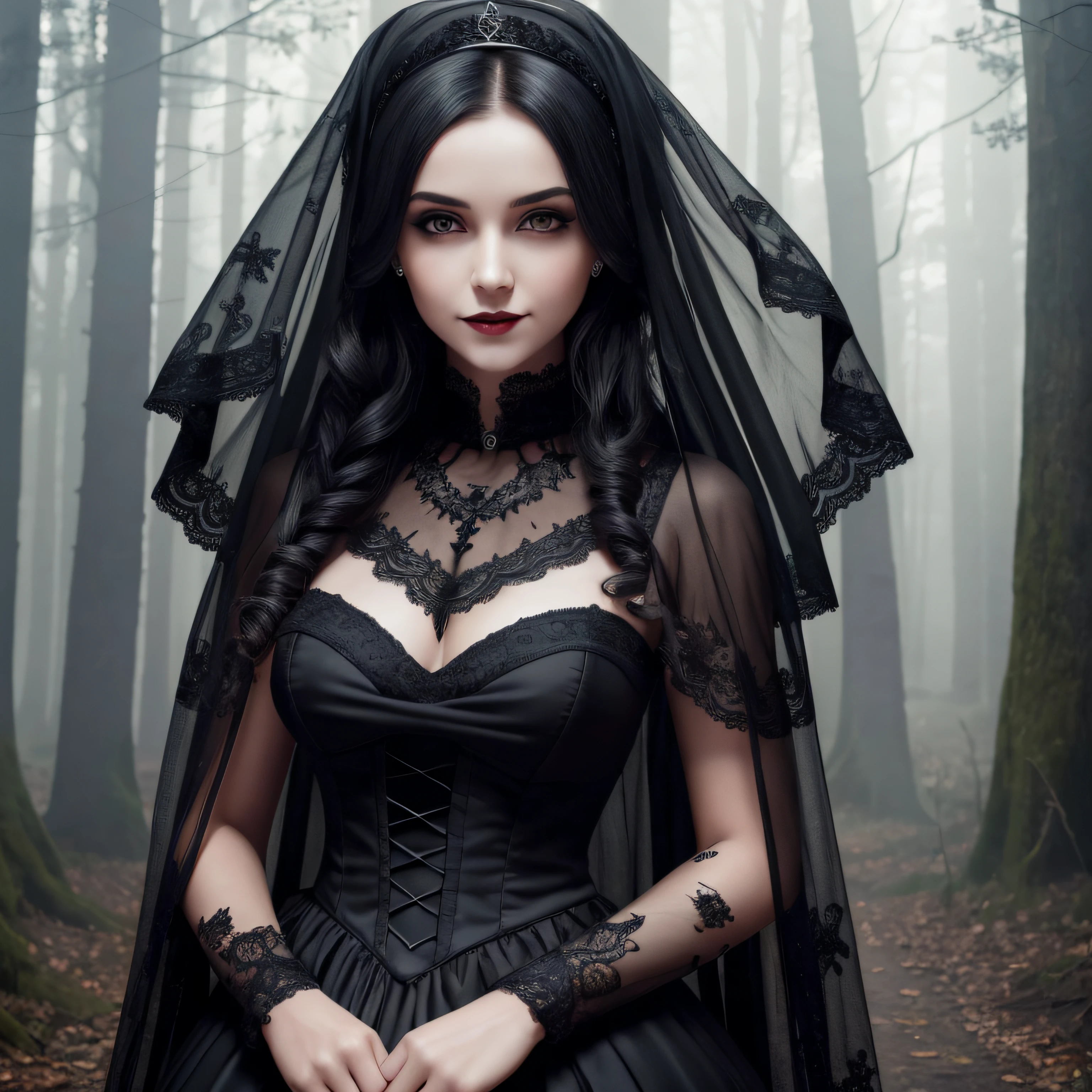 Masterpiece, 8K, wallpapers, (Detailed), ((full - body)), Gothic vampire woman, slavic, beautiful face, dress with black veil, (black lips), (bloody smile), (Against the backdrop of a misty forest), ((high skin detail, skin details)), sharp-focus, 8K UHD, dslr, hiquality, Film grain, best quality, detailed face, detailed eyes, detailed pupils, detailed clothes and features, clear background
